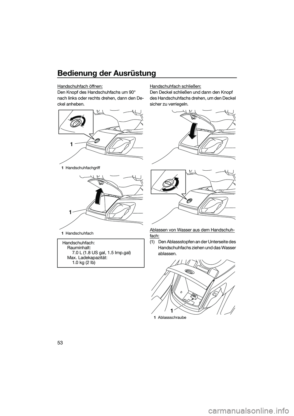 YAMAHA FX HO 2014  Betriebsanleitungen (in German) Bedienung der Ausrüstung
53
Handschuhfach öffnen:
Den Knopf des Handschuhfachs um 90° 
nach links oder rechts drehen, dann den De-
ckel anheben.Handschuhfach schließen:Den Deckel schließen und da