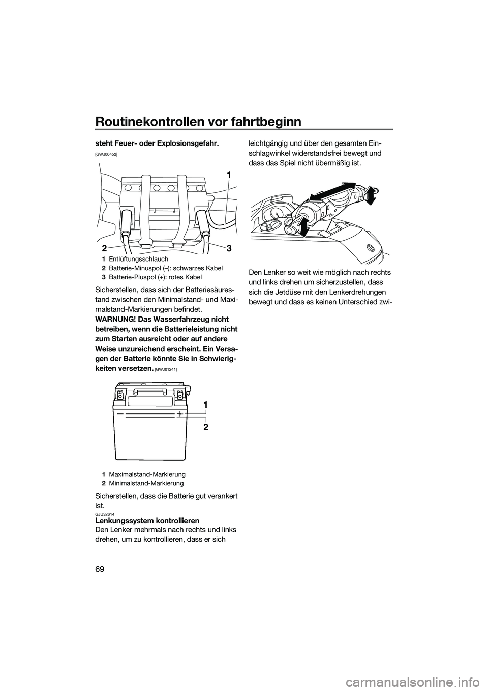 YAMAHA FX HO 2014  Betriebsanleitungen (in German) Routinekontrollen vor fahrtbeginn
69
steht Feuer- oder Explosionsgefahr. 
[GWJ00452]
Sicherstellen, dass sich der Batteriesäures-
tand zwischen den Minimalstand- und Maxi-
malstand-Markierungen befin