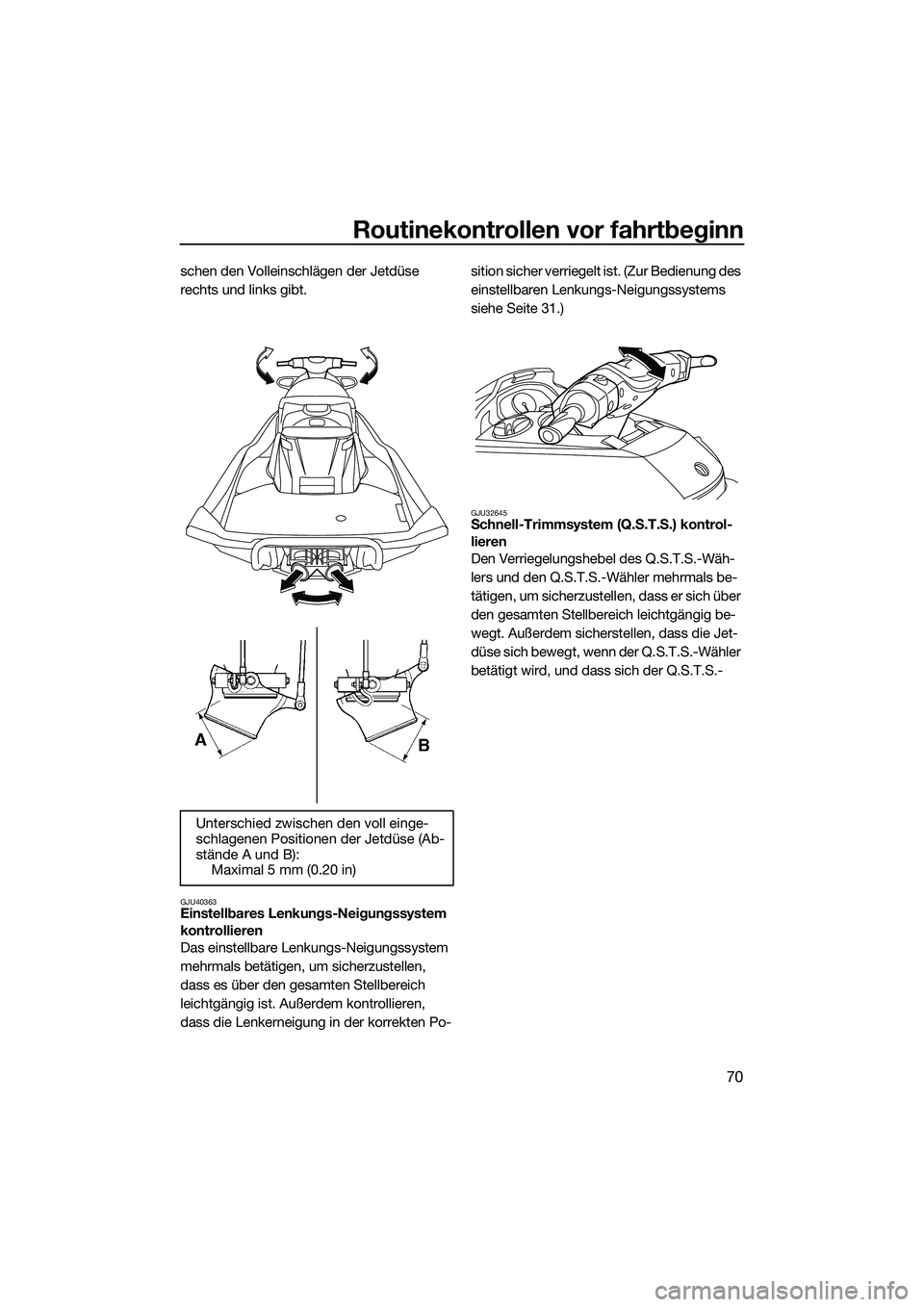 YAMAHA FX HO 2014 Betriebsanleitungen (in German) Routinekontrollen vor fahrtbeginn
70
schen den Volleinschlägen der Jetdüse
rechts und links gibt.
GJU40363Einstellbares Lenkungs-Neigungssystem
kontrollieren
Das einstellbare Lenkungs-Neigungssyst YAMAHA FX HO 2014 Betriebsanleitungen (in German) Routinekontrollen vor fahrtbeginn
70
schen den Volleinschlägen der Jetdüse
rechts und links gibt.
GJU40363Einstellbares Lenkungs-Neigungssystem
kontrollieren
Das einstellbare Lenkungs-Neigungssyst