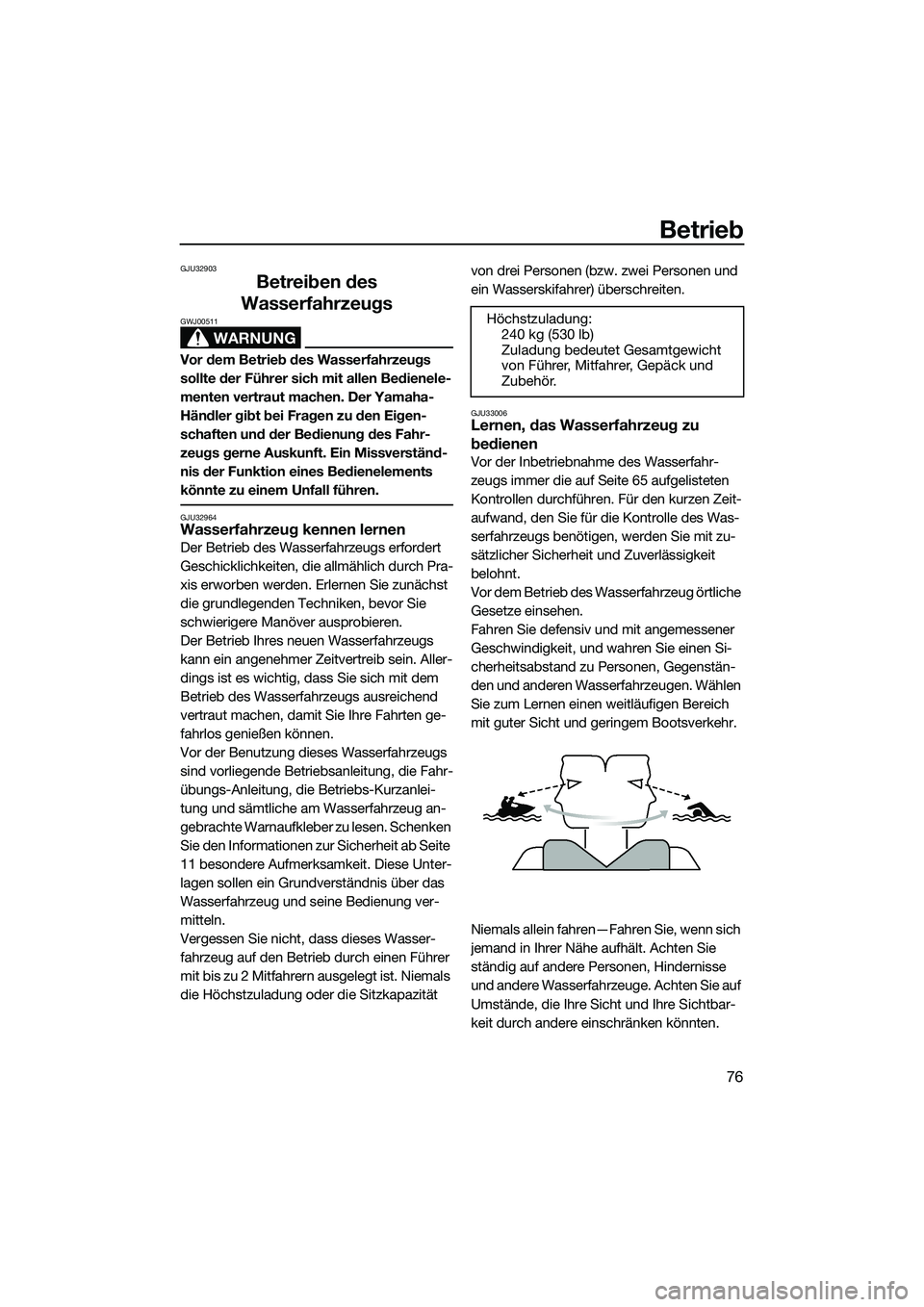 YAMAHA FX HO 2014 Betriebsanleitungen (in German) Betrieb
76
GJU32903
Betreiben des
Wasserfahrzeugs
WARNUNG
GWJ00511
Vor dem Betrieb des Wasserfahrzeugs
sollte der Führer sich mit allen Bedienele-
menten vertraut machen. Der Yamaha-
Händler gibt YAMAHA FX HO 2014 Betriebsanleitungen (in German) Betrieb
76
GJU32903
Betreiben des
Wasserfahrzeugs
WARNUNG
GWJ00511
Vor dem Betrieb des Wasserfahrzeugs
sollte der Führer sich mit allen Bedienele-
menten vertraut machen. Der Yamaha-
Händler gibt