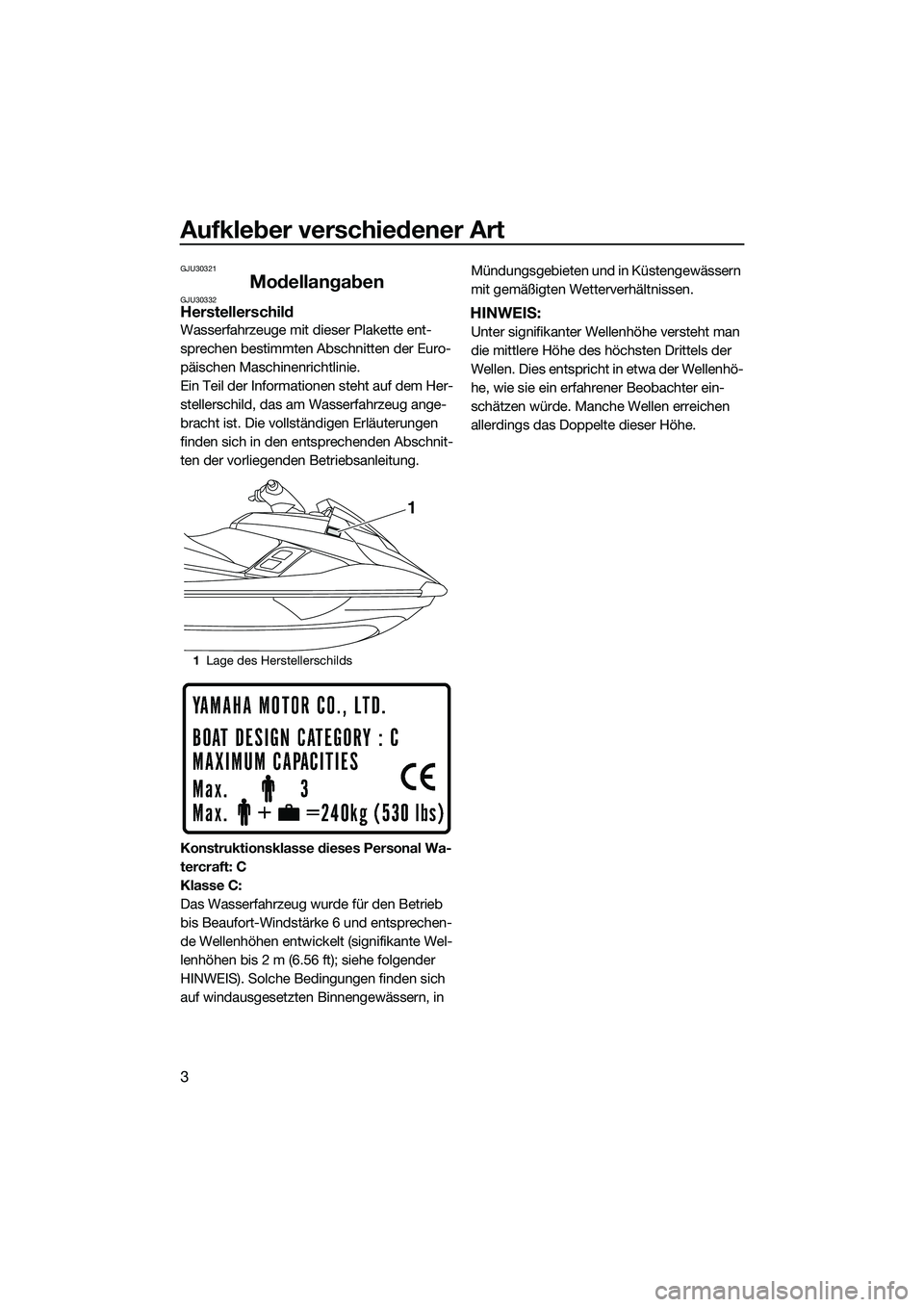 YAMAHA FX HO 2014 Betriebsanleitungen (in German) Aufkleber verschiedener Art
3
GJU30321
ModellangabenGJU30332Herstellerschild
Wasserfahrzeuge mit dieser Plakette ent-
sprechen bestimmten Abschnitten der Euro-
päischen Maschinenrichtlinie.
Ein Teil YAMAHA FX HO 2014 Betriebsanleitungen (in German) Aufkleber verschiedener Art
3
GJU30321
ModellangabenGJU30332Herstellerschild
Wasserfahrzeuge mit dieser Plakette ent-
sprechen bestimmten Abschnitten der Euro-
päischen Maschinenrichtlinie.
Ein Teil