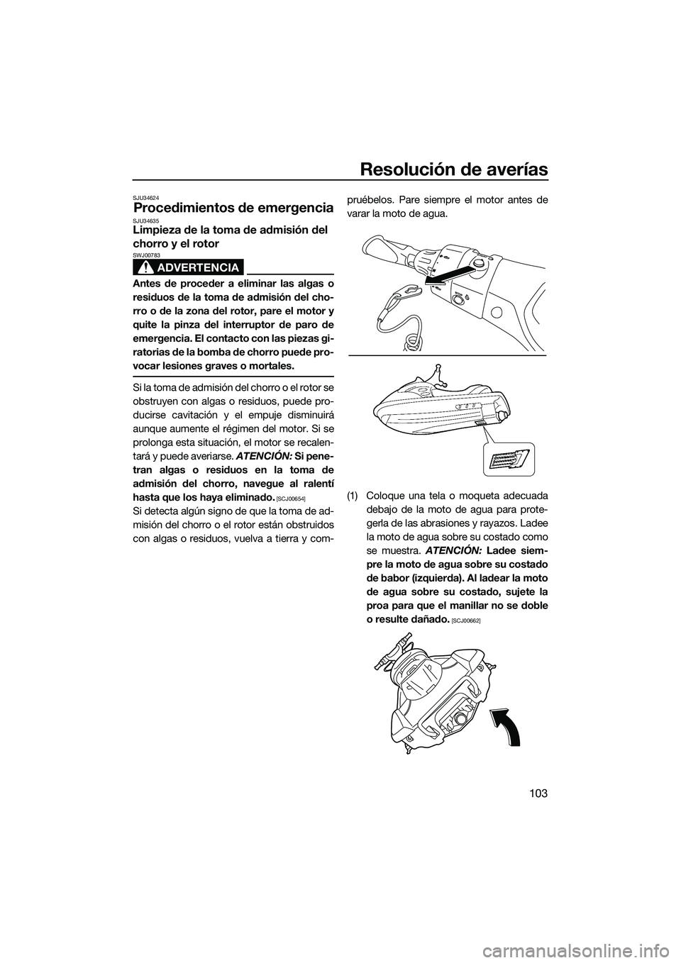 YAMAHA FX HO 2014 Manuale de Empleo (in Spanish) Resolución de averías
103
SJU34624
Procedimientos de emergenciaSJU34635Limpieza de la toma de admisión del
chorro y el rotor
ADVERTENCIA
SWJ00783
Antes de proceder a eliminar las algas o
residuos YAMAHA FX HO 2014 Manuale de Empleo (in Spanish) Resolución de averías
103
SJU34624
Procedimientos de emergenciaSJU34635Limpieza de la toma de admisión del
chorro y el rotor
ADVERTENCIA
SWJ00783
Antes de proceder a eliminar las algas o
residuos