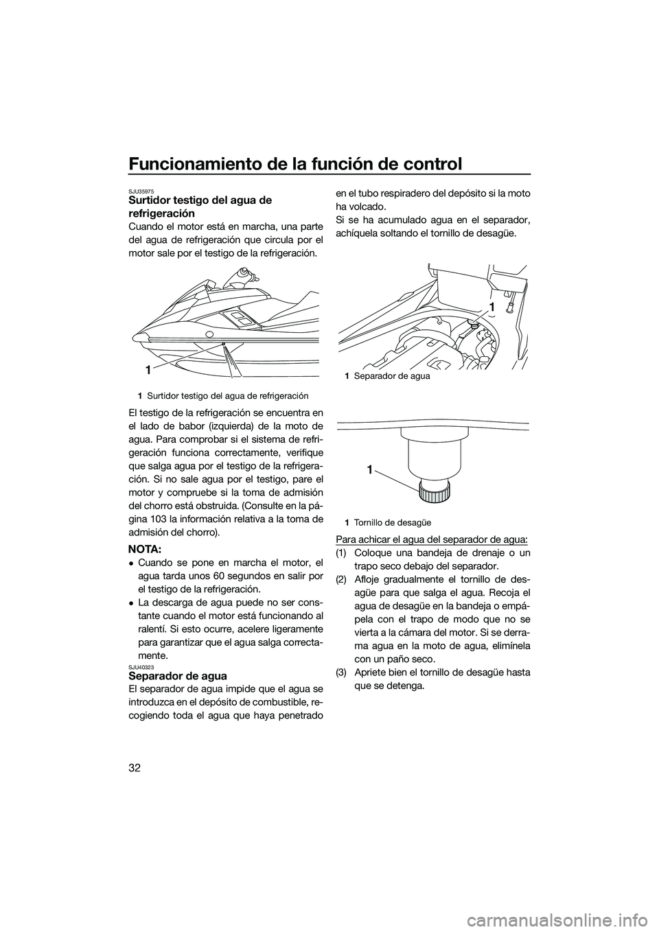 YAMAHA FX HO 2014  Manuale de Empleo (in Spanish) Funcionamiento de la función de control
32
SJU35975Surtidor testigo del agua de 
refrigeración
Cuando el motor está en marcha, una parte
del agua de refrigeración que circula por el
motor sale por