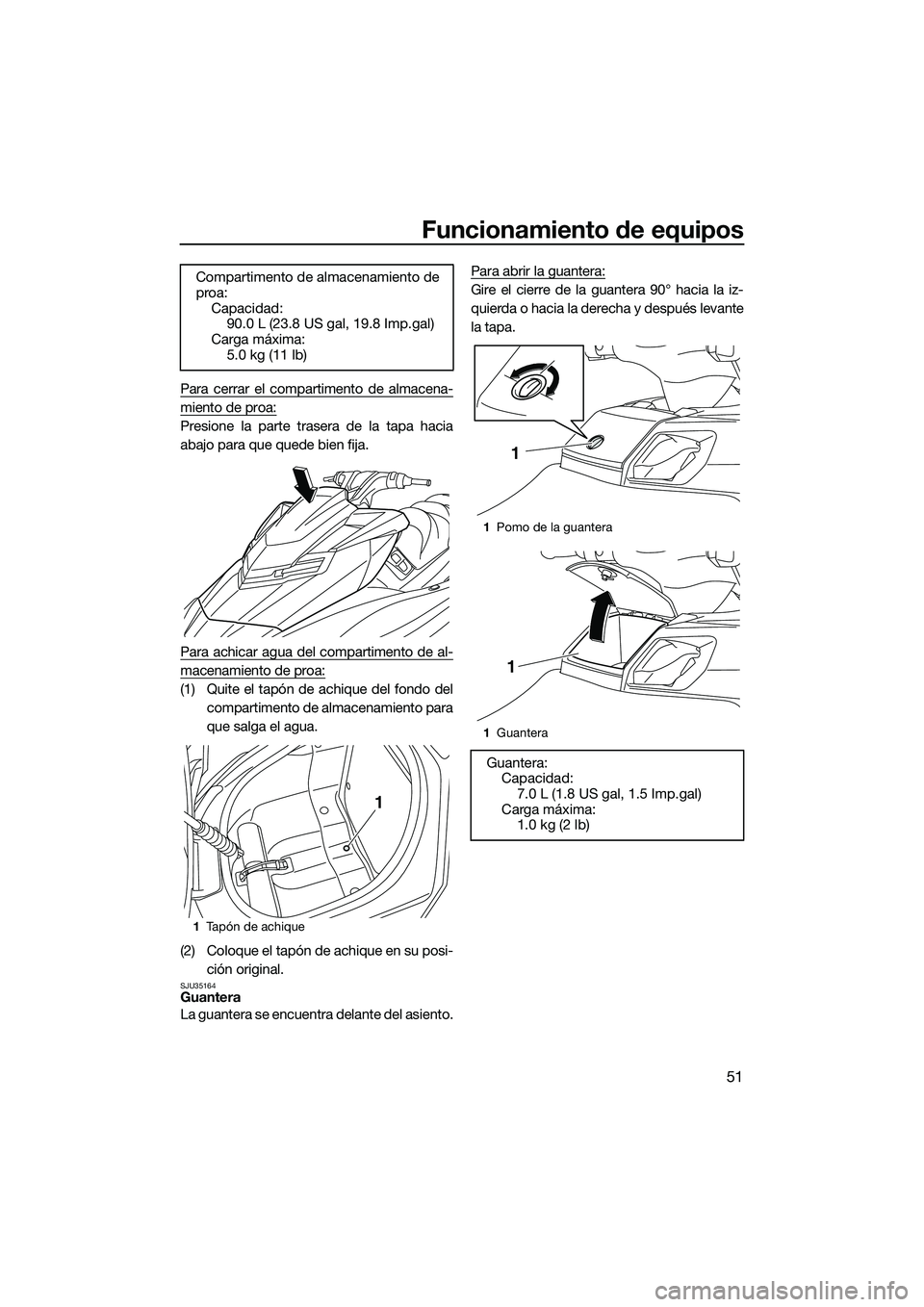 YAMAHA FX HO 2014 Manuale de Empleo (in Spanish) Funcionamiento de equipos
51
Para cerrar el compartimento de almacena-
miento de proa:
Presione la parte trasera de la tapa hacia
abajo para que quede bien fija.
Para achicar agua del compartimento de YAMAHA FX HO 2014 Manuale de Empleo (in Spanish) Funcionamiento de equipos
51
Para cerrar el compartimento de almacena-
miento de proa:
Presione la parte trasera de la tapa hacia
abajo para que quede bien fija.
Para achicar agua del compartimento de
