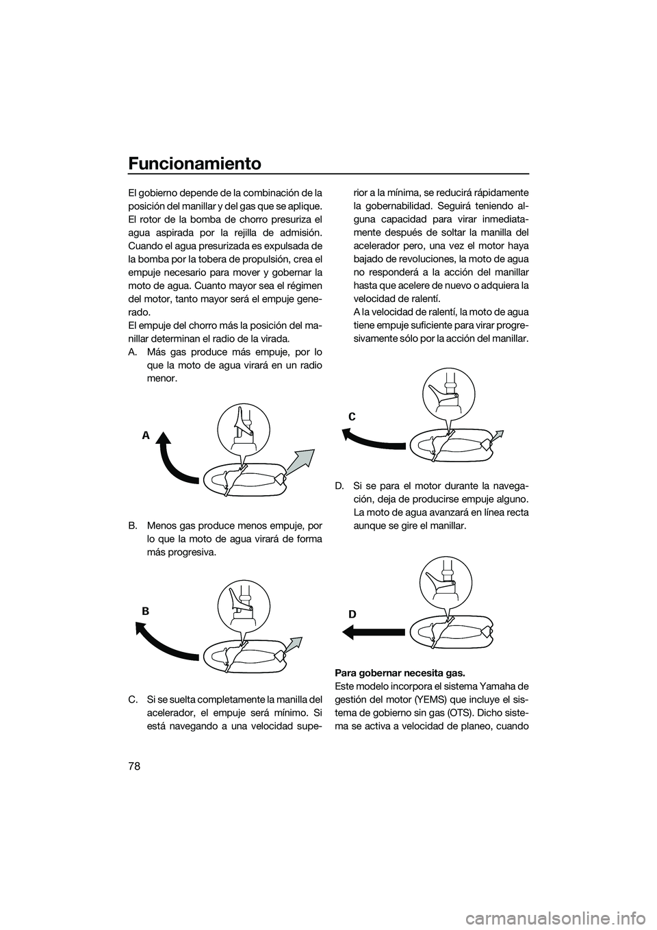 YAMAHA FX HO 2014  Manuale de Empleo (in Spanish) Funcionamiento
78
El gobierno depende de la combinación de la
posición del manillar y del gas que se aplique.
El rotor de la bomba de chorro presuriza el
agua aspirada por la rejilla de admisión.
C