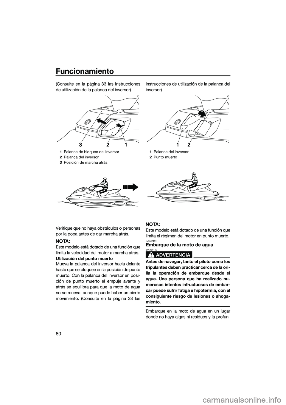 YAMAHA FX HO CRUISER 2014 Manuale de Empleo (in Spanish) Funcionamiento
80
(Consulte en la página 33 las instrucciones
de utilización de la palanca del inversor).
Verifique que no haya obstáculos o personas
por la popa antes de dar marcha atrás.
NOTA:
E YAMAHA FX HO CRUISER 2014 Manuale de Empleo (in Spanish) Funcionamiento
80
(Consulte en la página 33 las instrucciones
de utilización de la palanca del inversor).
Verifique que no haya obstáculos o personas
por la popa antes de dar marcha atrás.
NOTA:
E