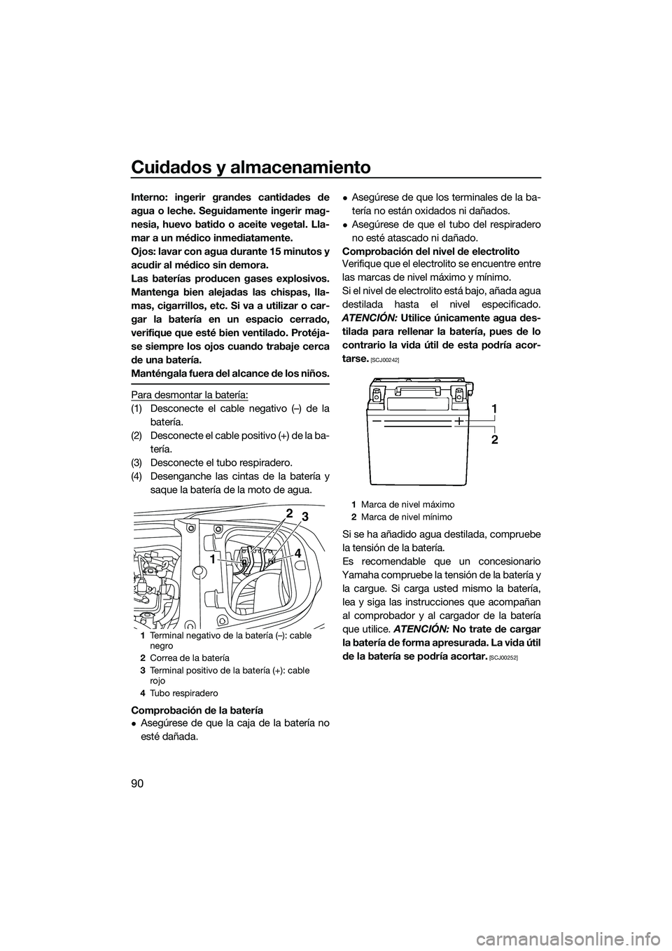 YAMAHA FX HO 2014  Manuale de Empleo (in Spanish) Cuidados y almacenamiento
90
Interno: ingerir grandes cantidades de
agua o leche. Seguidamente ingerir mag-
nesia, huevo batido o aceite vegetal. Lla-
mar a un médico inmediatamente.
Ojos: lavar con 