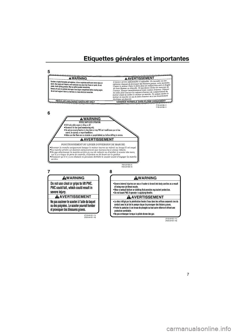 YAMAHA FX HO 2014 Notices Demploi (in French) Etiquettes générales et importantes
7
F1S-U415B-11
F1B-U415B-11
F0V-U41D5-31
F2S-U41D5-10
(F1S-U41E1-11)
(F2S-U41E1-10) (F1S-U41E1-11)
(F2S-U41E1-10)
5
6
78
UF2T72F0.book Page 7 Monday, July 2 YAMAHA FX HO 2014 Notices Demploi (in French) Etiquettes générales et importantes
7
F1S-U415B-11
F1B-U415B-11
F0V-U41D5-31
F2S-U41D5-10
(F1S-U41E1-11)
(F2S-U41E1-10) (F1S-U41E1-11)
(F2S-U41E1-10)
5
6
78
UF2T72F0.book Page 7 Monday, July 2