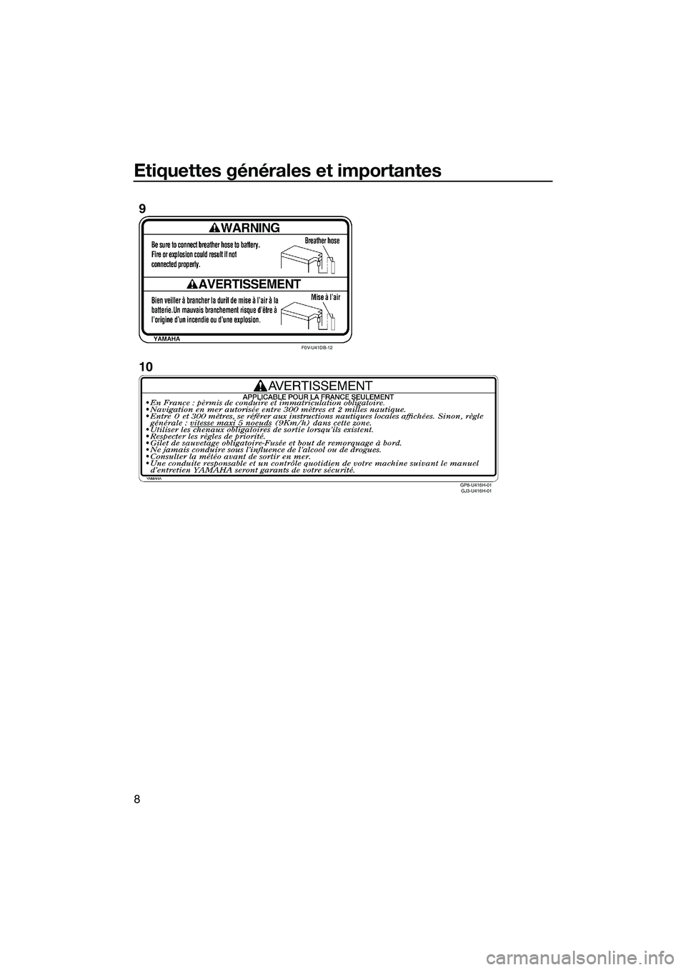 YAMAHA FX HO 2014 Notices Demploi (in French) Etiquettes générales et importantes
8
F0V-U41DB-12GP8-U416H-01 GJ3-U416H-01
9
10
UF2T72F0.book Page 8 Monday, July 22, 2013 2:30 PM YAMAHA FX HO 2014 Notices Demploi (in French) Etiquettes générales et importantes
8
F0V-U41DB-12GP8-U416H-01 GJ3-U416H-01
9
10
UF2T72F0.book Page 8 Monday, July 22, 2013 2:30 PM