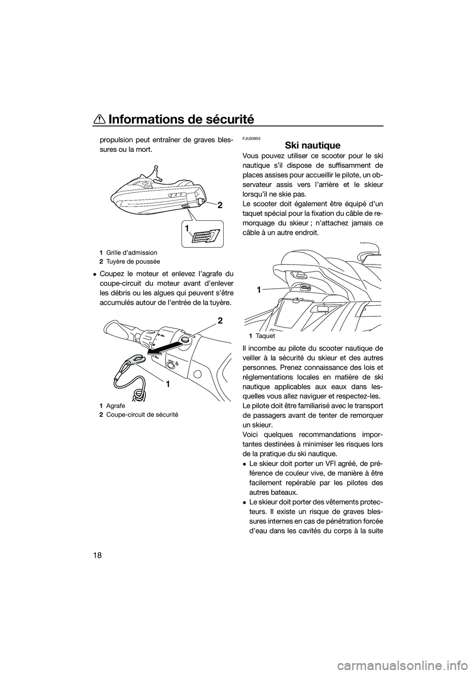 YAMAHA FX HO 2014 Notices Demploi (in French) Informations de sécurité
18
propulsion peut entraîner de graves bles-
sures ou la mort.
Coupez le moteur et enlevez l’agrafe du
coupe-circuit du moteur avant d’enlever
les débris ou les alg YAMAHA FX HO 2014 Notices Demploi (in French) Informations de sécurité
18
propulsion peut entraîner de graves bles-
sures ou la mort.
Coupez le moteur et enlevez l’agrafe du
coupe-circuit du moteur avant d’enlever
les débris ou les alg