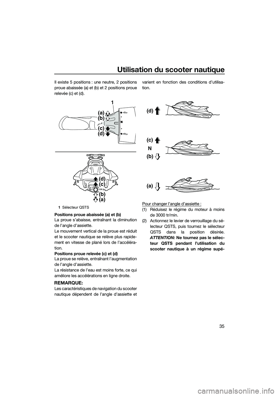 YAMAHA FX HO 2014 Notices Demploi (in French) Utilisation du scooter nautique
35
Il existe 5 positions : une neutre, 2 positions
proue abaissée (a) et (b) et 2 positions proue
relevée (c) et (d).
Positions proue abaissée (a) et (b)
La proue s YAMAHA FX HO 2014 Notices Demploi (in French) Utilisation du scooter nautique
35
Il existe 5 positions : une neutre, 2 positions
proue abaissée (a) et (b) et 2 positions proue
relevée (c) et (d).
Positions proue abaissée (a) et (b)
La proue s