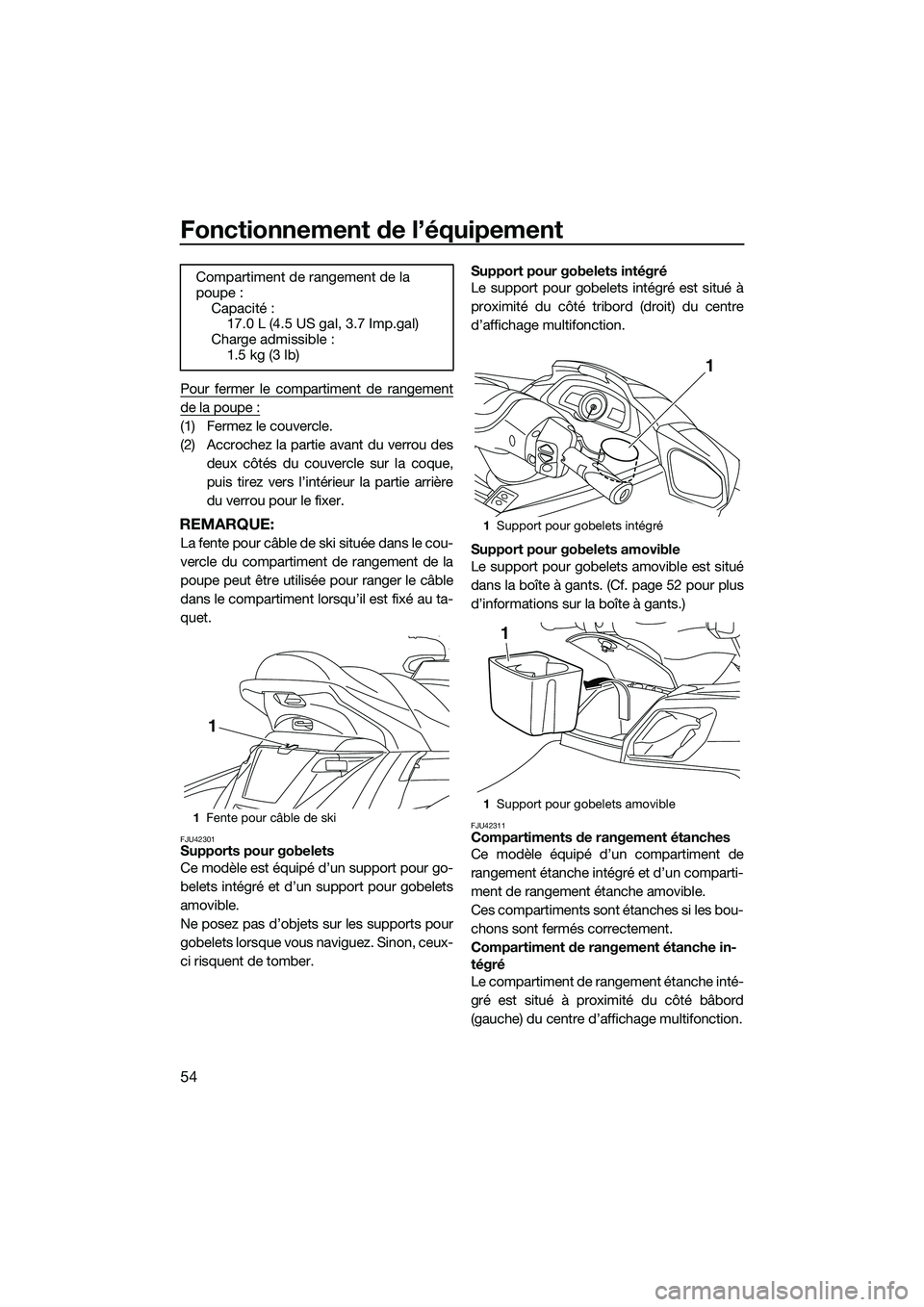YAMAHA FX HO 2014 Notices Demploi (in French) Fonctionnement de l’équipement
54
Pour fermer le compartiment de rangement
de la poupe :
(1) Fermez le couvercle.
(2) Accrochez la partie avant du verrou desdeux côtés du couvercle sur la coque,
YAMAHA FX HO 2014 Notices Demploi (in French) Fonctionnement de l’équipement
54
Pour fermer le compartiment de rangement
de la poupe :
(1) Fermez le couvercle.
(2) Accrochez la partie avant du verrou desdeux côtés du couvercle sur la coque,