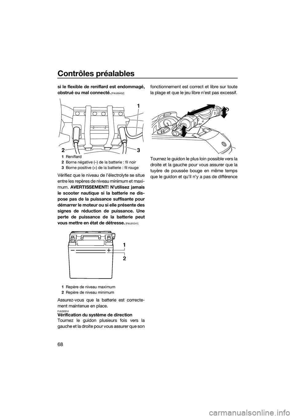 YAMAHA FX HO 2014  Notices Demploi (in French) Contrôles préalables
68
si le flexible de reniflard est endommagé,
obstrué ou mal connecté.
 [FWJ00452]
Vérifiez que le niveau de l’électrolyte se situe
entre les repères de niveau minimum e