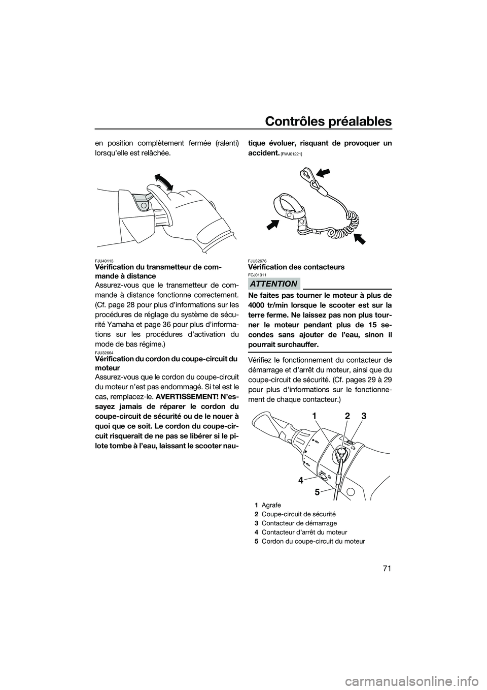 YAMAHA FX HO 2014 Notices Demploi (in French) Contrôles préalables
71
en position complètement fermée (ralenti)
lorsqu’elle est relâchée.
FJU40113Vérification du transmetteur de com-
mande à distance
Assurez-vous que le transmetteur de YAMAHA FX HO 2014 Notices Demploi (in French) Contrôles préalables
71
en position complètement fermée (ralenti)
lorsqu’elle est relâchée.
FJU40113Vérification du transmetteur de com-
mande à distance
Assurez-vous que le transmetteur de
