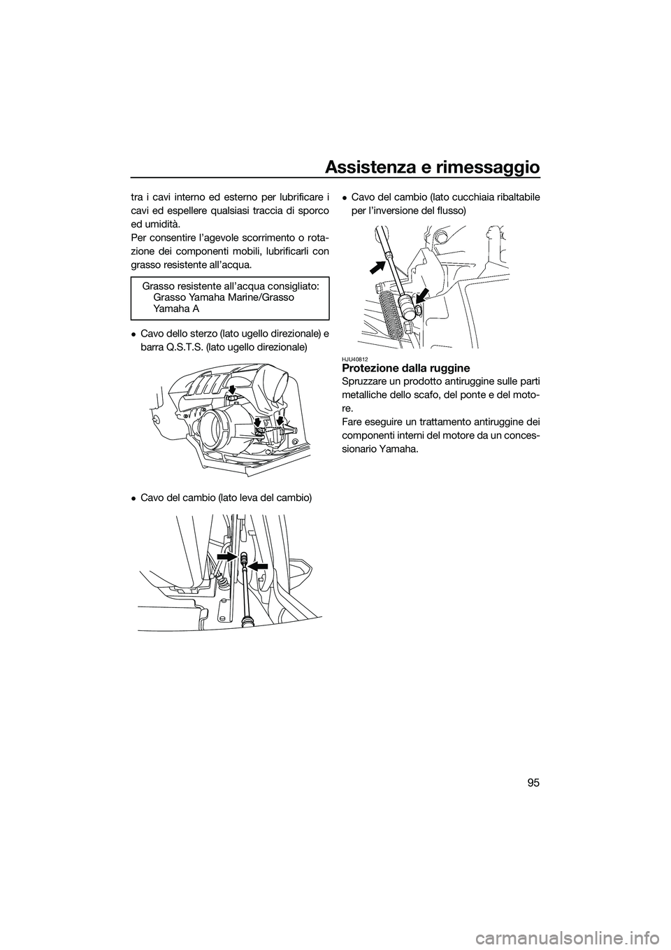 YAMAHA FX HO 2014 Manuale duso (in Italian) Assistenza e rimessaggio
95
tra i cavi interno ed esterno per lubrificare i
cavi ed espellere qualsiasi traccia di sporco
ed umidità.
Per consentire l’agevole scorrimento o rota-
zione dei componen YAMAHA FX HO 2014 Manuale duso (in Italian) Assistenza e rimessaggio
95
tra i cavi interno ed esterno per lubrificare i
cavi ed espellere qualsiasi traccia di sporco
ed umidità.
Per consentire l’agevole scorrimento o rota-
zione dei componen
