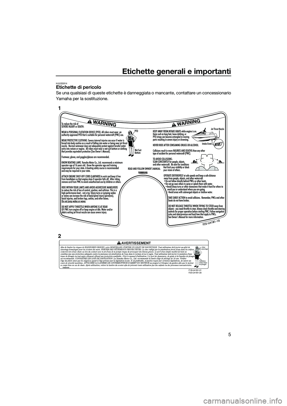 YAMAHA FX HO 2014  Manuale duso (in Italian) Etichette generali e importanti
5
HJU35914Etichette di pericolo
Se una qualsiasi di queste etichette è danneggiata o mancante, contattare un concessionario
Yamaha per la sostituzione.
F1B-U41B1-21 
F