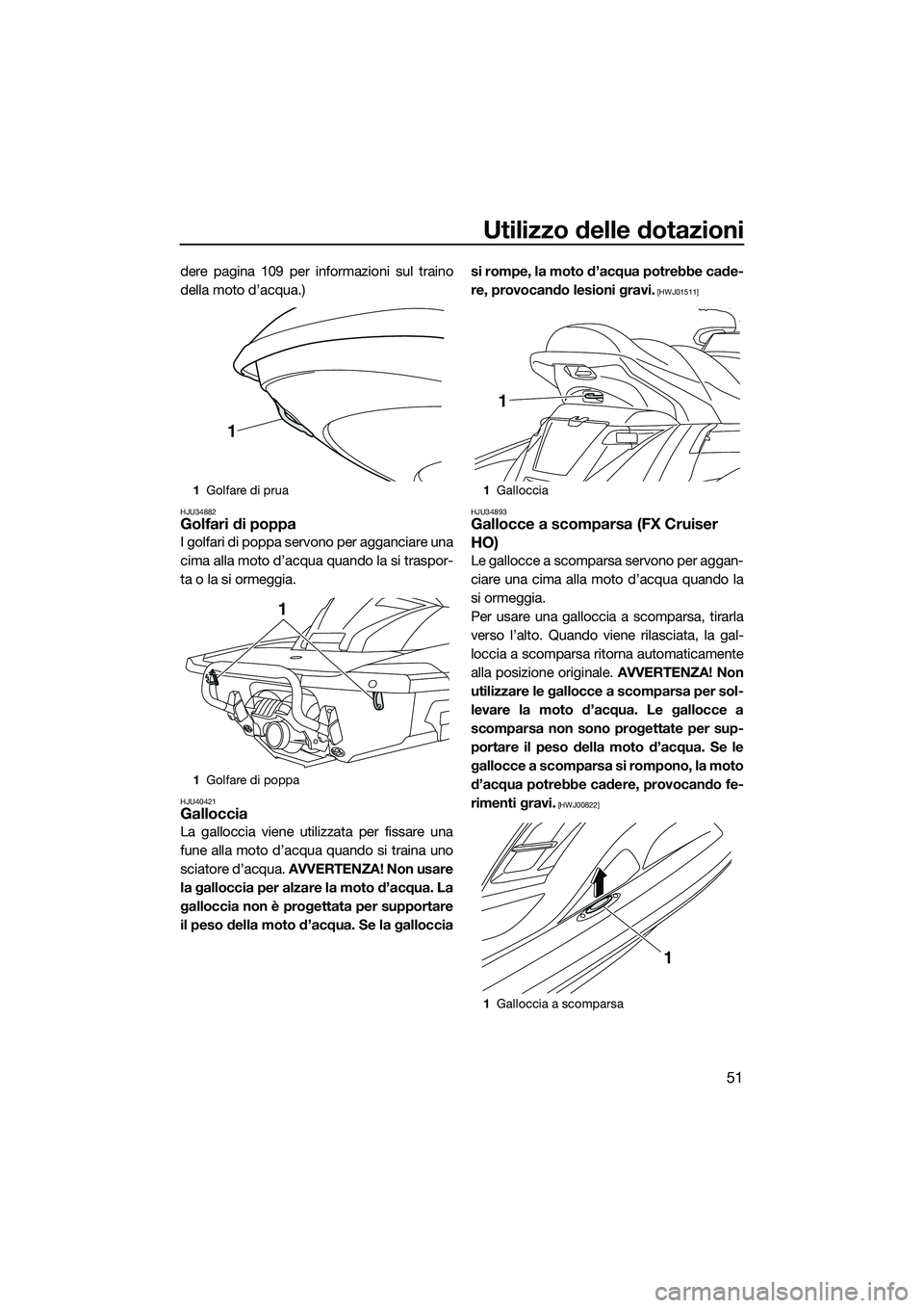 YAMAHA FX HO 2014 Manuale duso (in Italian) Utilizzo delle dotazioni
51
dere pagina 109 per informazioni sul traino
della moto d’acqua.)
HJU34882Golfari di poppa
I golfari di poppa servono per agganciare una
cima alla moto d’acqua quando la YAMAHA FX HO 2014 Manuale duso (in Italian) Utilizzo delle dotazioni
51
dere pagina 109 per informazioni sul traino
della moto d’acqua.)
HJU34882Golfari di poppa
I golfari di poppa servono per agganciare una
cima alla moto d’acqua quando la