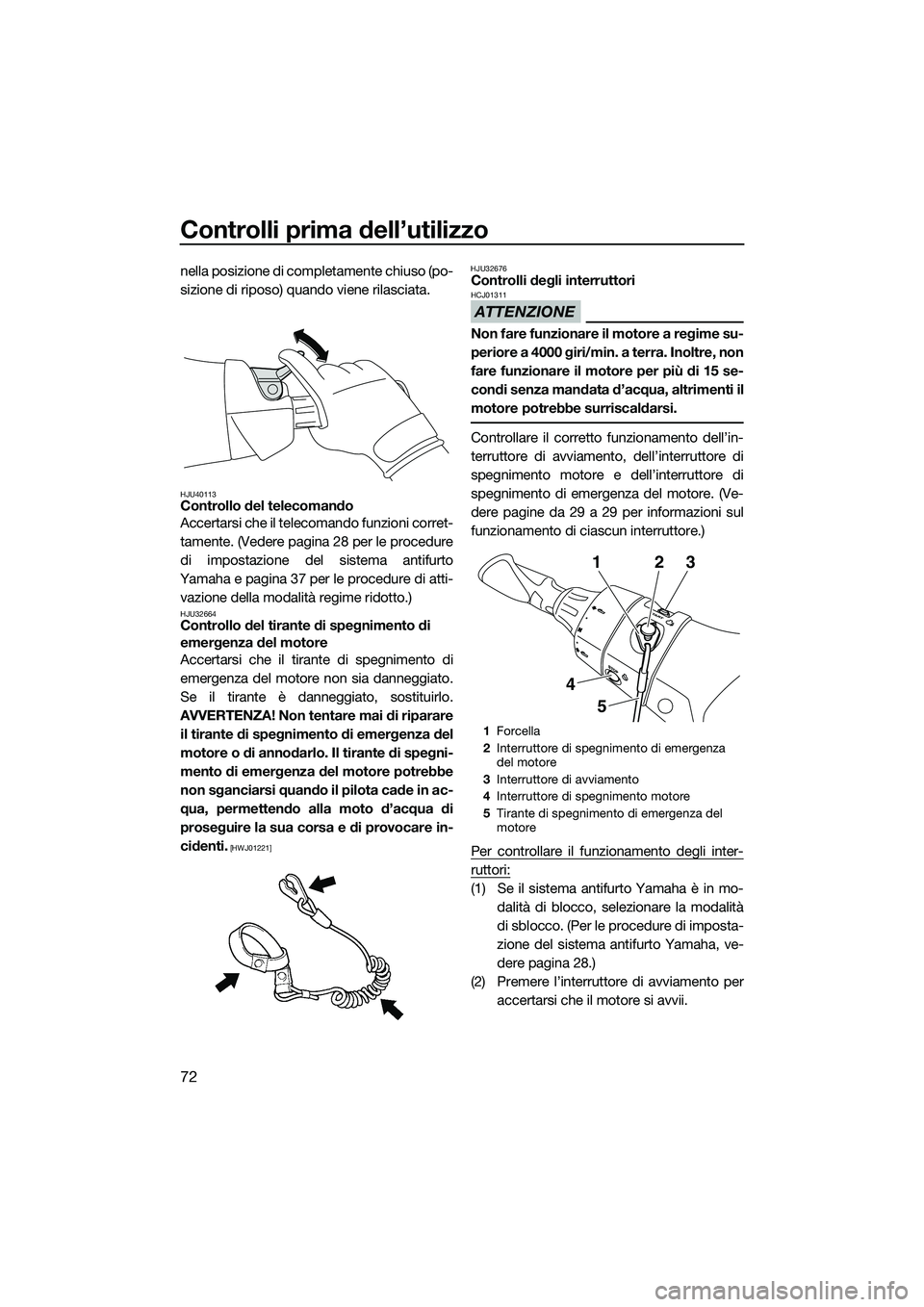 YAMAHA FX HO CRUISER 2014  Manuale duso (in Italian) Controlli prima dell’utilizzo
72
nella posizione di completamente chiuso (po-
sizione di riposo) quando viene rilasciata.
HJU40113Controllo del telecomando
Accertarsi che il telecomando funzioni cor