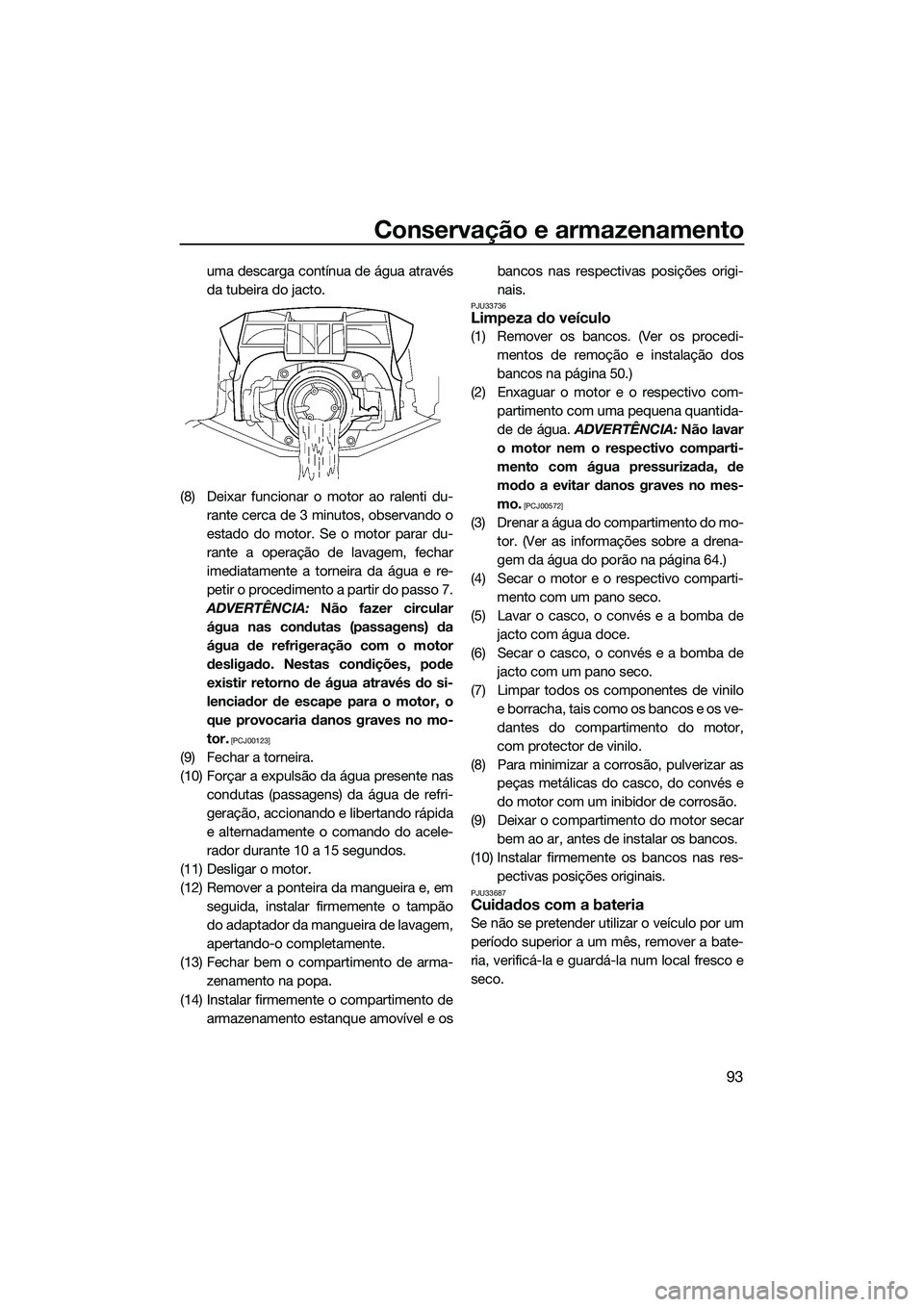 YAMAHA FX HO CRUISER 2014 Manual de utilização (in Portuguese) Conservação e armazenamento
93
uma descarga contínua de água através
da tubeira do jacto.
(8) Deixar funcionar o motor ao ralenti du- rante cerca de 3 minutos, observando o
estado do motor. Se o YAMAHA FX HO CRUISER 2014 Manual de utilização (in Portuguese) Conservação e armazenamento
93
uma descarga contínua de água através
da tubeira do jacto.
(8) Deixar funcionar o motor ao ralenti du- rante cerca de 3 minutos, observando o
estado do motor. Se o