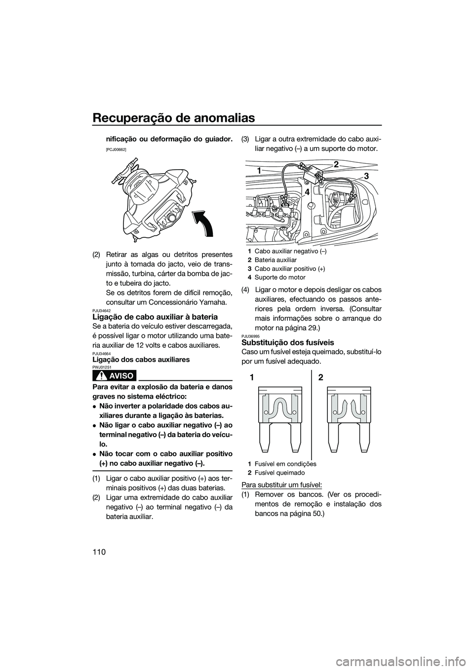 YAMAHA FX HO CRUISER 2014  Manual de utilização (in Portuguese) Recuperação de anomalias
110
nificação ou deformação do guiador.
[PCJ00662]
(2) Retirar as algas ou detritos presentesjunto à tomada do jacto, veio de trans-
missão, turbina, cárter da bomba 