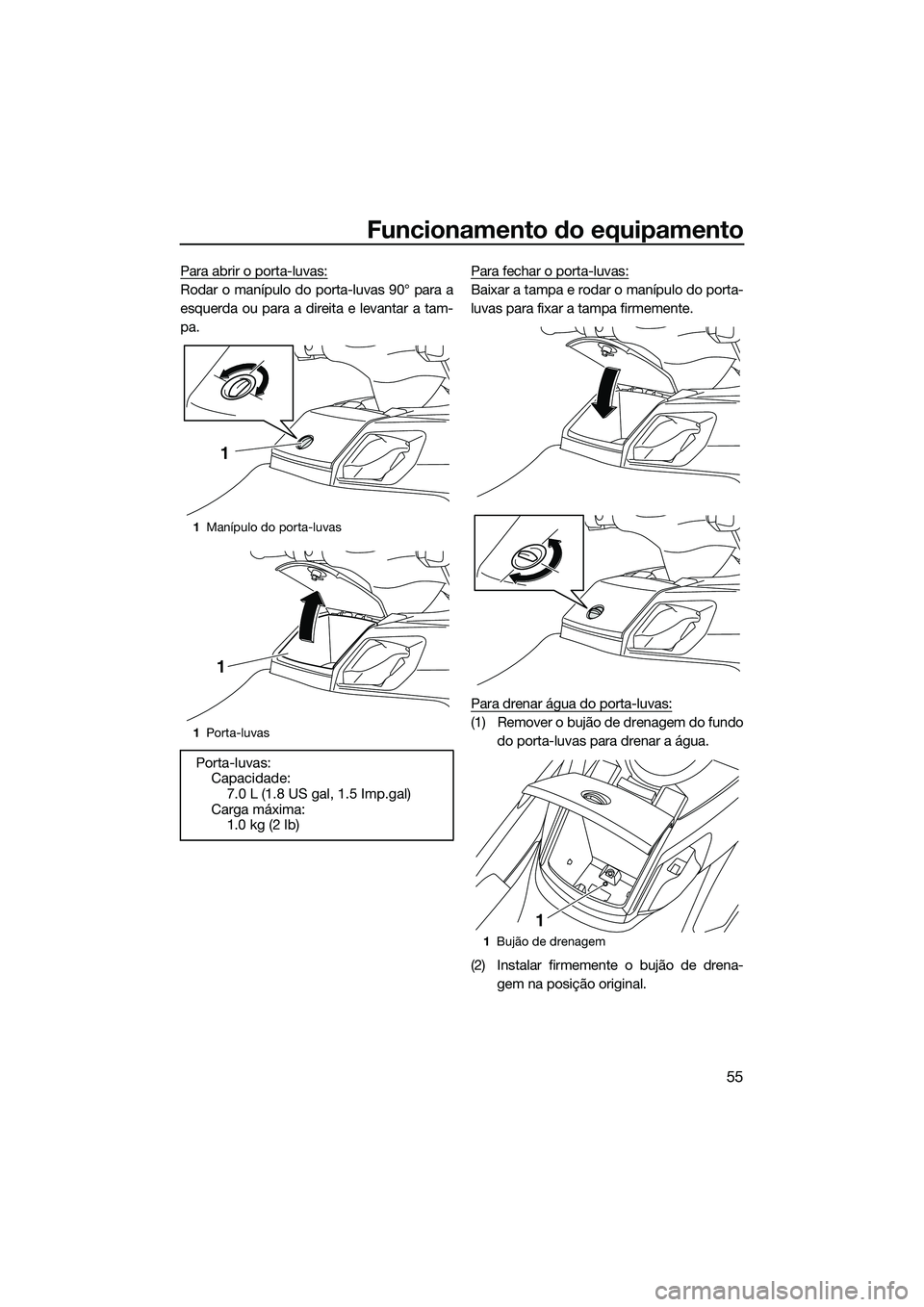 YAMAHA FX HO CRUISER 2014 Manual de utilização (in Portuguese) Funcionamento do equipamento
55
Para abrir o porta-luvas:
Rodar o manípulo do porta-luvas 90° para a
esquerda ou para a direita e levantar a tam-
pa.Para fechar o porta-luvas:Baixar a tampa e rodar YAMAHA FX HO CRUISER 2014 Manual de utilização (in Portuguese) Funcionamento do equipamento
55
Para abrir o porta-luvas:
Rodar o manípulo do porta-luvas 90° para a
esquerda ou para a direita e levantar a tam-
pa.Para fechar o porta-luvas:Baixar a tampa e rodar