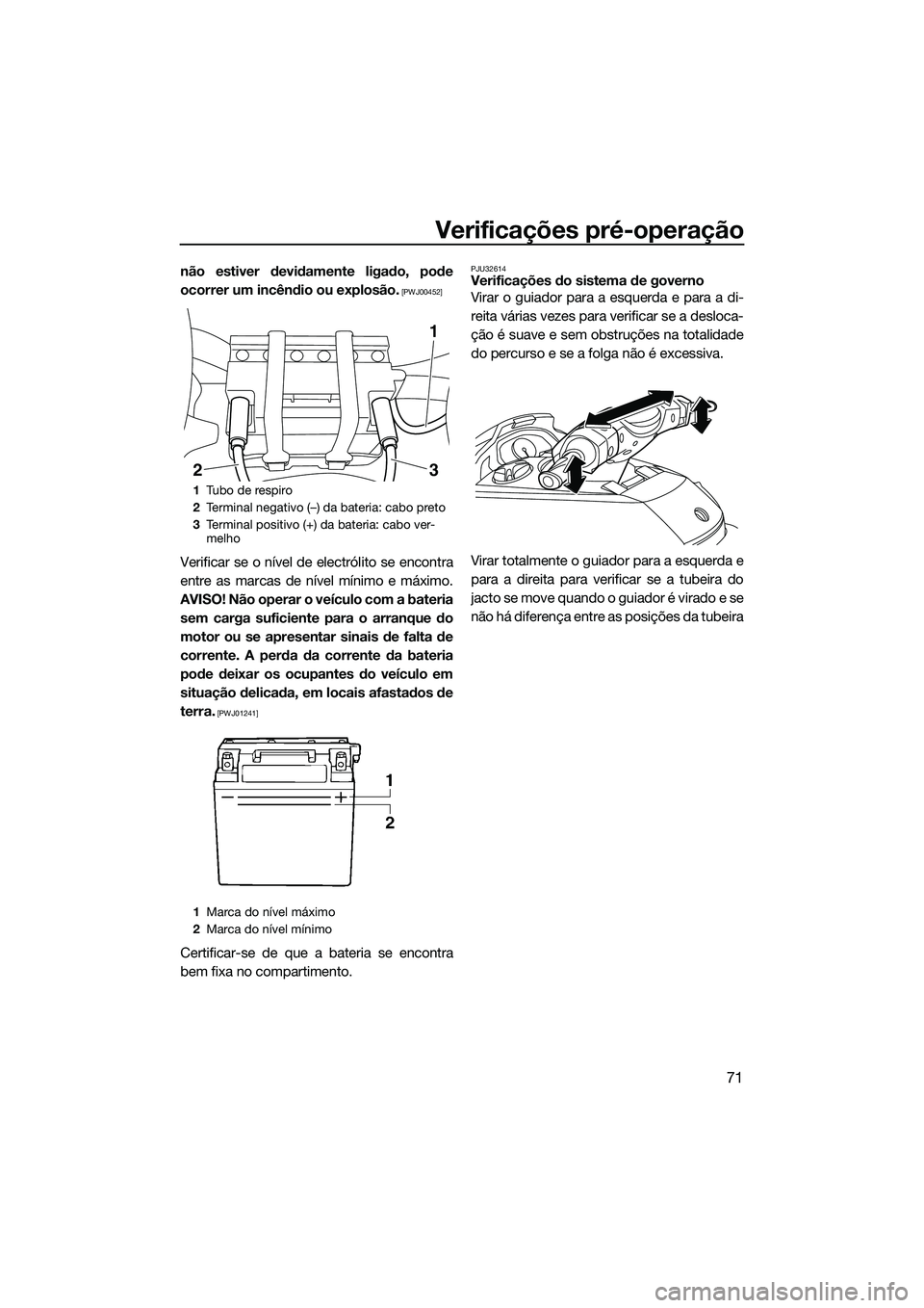 YAMAHA FX HO CRUISER 2014  Manual de utilização (in Portuguese) Verificações pré-operação
71
não estiver devidamente ligado, pode
ocorrer um incêndio ou explosão.
 [PWJ00452]
Verificar se o nível de electrólito se encontra
entre as marcas de nível míni