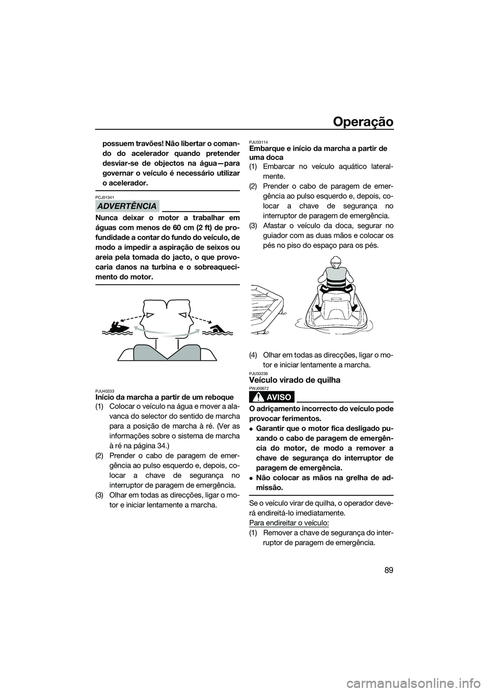 YAMAHA FX HO CRUISER 2014  Manual de utilização (in Portuguese) Operação
89
possuem travões! Não libertar o coman-
do do acelerador quando pretender
desviar-se de objectos na água—para
governar o veículo é necessário utilizar
o acelerador.
ADVERTÊNCIA
P