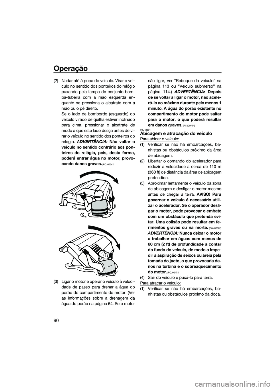YAMAHA FX HO CRUISER 2014  Manual de utilização (in Portuguese) Operação
90
(2) Nadar até à popa do veículo. Virar o veí-culo no sentido dos ponteiros do relógio
puxando pela tampa do conjunto bom-
ba-tubeira com a mão esquerda en-
quanto se pressiona o al