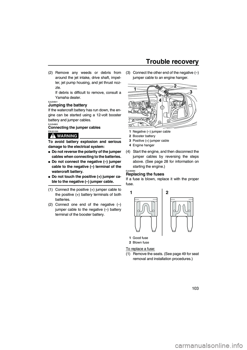 YAMAHA FX HO CRUISER 2013  Owners Manual Trouble recovery
103
(2) Remove any weeds or debris fromaround the jet intake, drive shaft, impel-
ler, jet pump housing, and jet thrust noz-
zle.
If debris is difficult to remove, consult a
Yamaha de