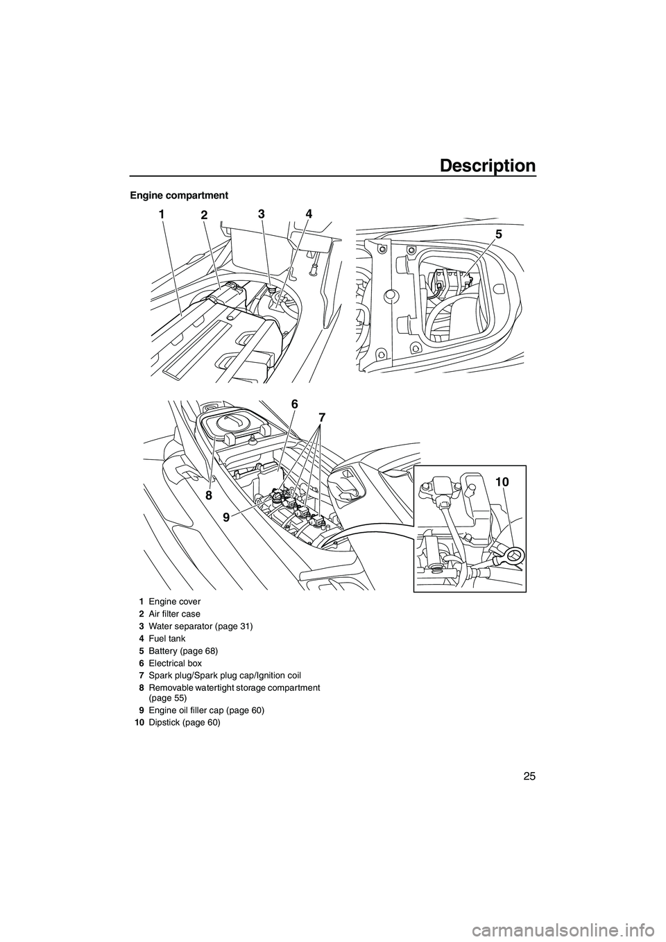 YAMAHA FX HO 2013 Owners Guide Description
25
Engine compartment
124
9
8
5
3
6 7
10
1Engine cover
2 Air filter case
3 Water separator (page 31)
4 Fuel tank
5 Battery (page 68)
6 Electrical box
7 Spark plug/Spark plug cap/Ignition c YAMAHA FX HO 2013 Owners Guide Description
25
Engine compartment
124
9
8
5
3
6 7
10
1Engine cover
2 Air filter case
3 Water separator (page 31)
4 Fuel tank
5 Battery (page 68)
6 Electrical box
7 Spark plug/Spark plug cap/Ignition c