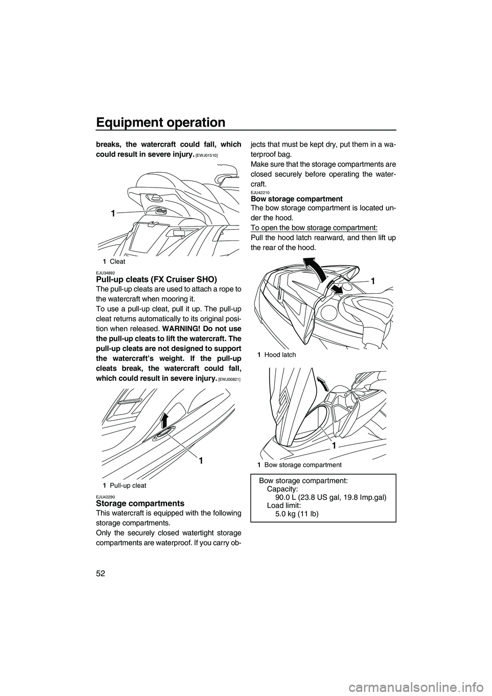 YAMAHA FX HO CRUISER 2013 Workshop Manual Equipment operation
52
breaks, the watercraft could fall, which
could result in severe injury.
 [EWJ01510]
EJU34892
Pull-up cleats (FX Cruiser SHO) 
The pull-up cleats are used to attach a rope to
the