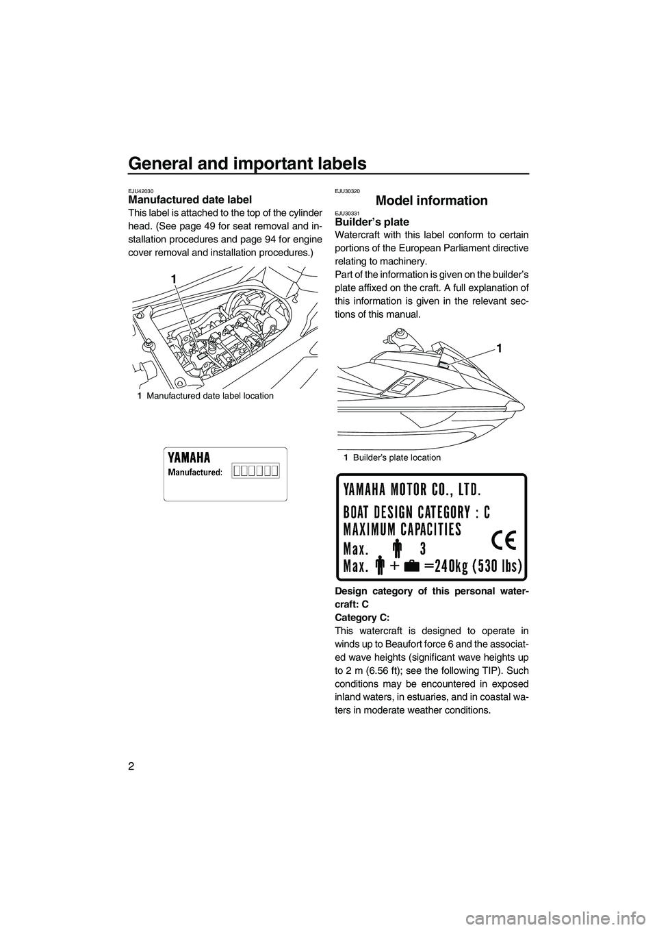 YAMAHA FX HO 2013  Owners Manual General and important labels
2
EJU42030Manufactured date label 
This label is attached to the top of the cylinder
head. (See page 49 for seat removal and in-
stallation procedures and page 94 for engi