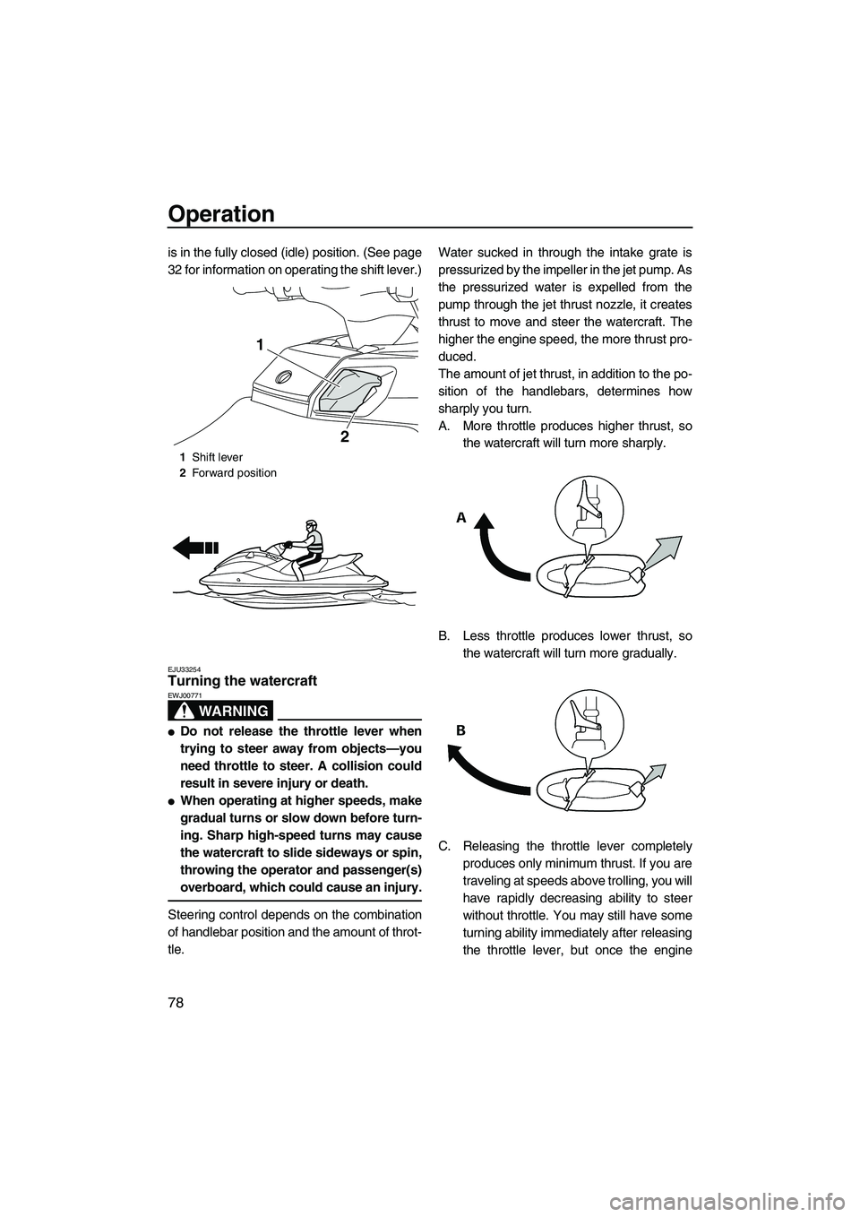 YAMAHA FX HO CRUISER 2013 Manual Online Operation
78
is in the fully closed (idle) position. (See page
32 for information on operating the shift lever.)
EJU33254Turning the watercraft 
WARNING
EWJ00771
●Do not release the throttle lever w