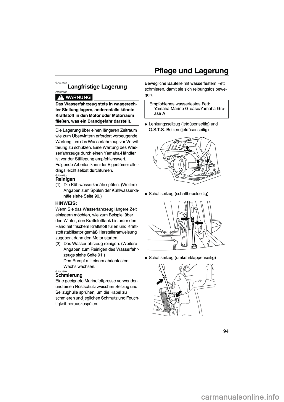 YAMAHA FX HO CRUISER 2013 Betriebsanleitungen (in German) Pflege und Lagerung
94
GJU33492
Langfristige Lagerung
WARNUNG
GWJ00330
Das Wasserfahrzeug stets in waagerech-
ter Stellung lagern, anderenfalls könnte
Kraftstoff in den Motor oder Motorraum
fließ YAMAHA FX HO CRUISER 2013 Betriebsanleitungen (in German) Pflege und Lagerung
94
GJU33492
Langfristige Lagerung
WARNUNG
GWJ00330
Das Wasserfahrzeug stets in waagerech-
ter Stellung lagern, anderenfalls könnte
Kraftstoff in den Motor oder Motorraum
fließ