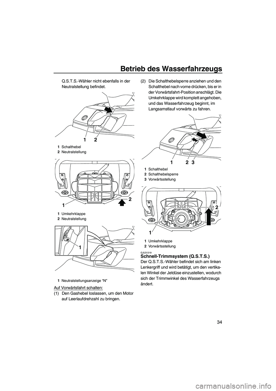 YAMAHA FX HO 2013  Betriebsanleitungen (in German) Betrieb des Wasserfahrzeugs
34
Q.S.T.S.-Wähler nicht ebenfalls in der 
Neutralstellung befindet.
Auf Vorwärtsfahrt schalten:
(1) Den Gashebel loslassen, um den Motor  auf Leerlaufdrehzahl zu bringen