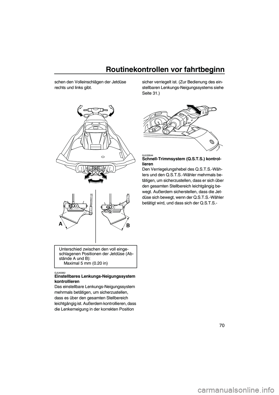 YAMAHA FX HO CRUISER 2013 Betriebsanleitungen (in German) Routinekontrollen vor fahrtbeginn
70
schen den Volleinschlägen der Jetdüse
rechts und links gibt.
GJU40362Einstellbares Lenkungs-Neigungssystem
kontrollieren
Das einstellbare Lenkungs-Neigungssys YAMAHA FX HO CRUISER 2013 Betriebsanleitungen (in German) Routinekontrollen vor fahrtbeginn
70
schen den Volleinschlägen der Jetdüse
rechts und links gibt.
GJU40362Einstellbares Lenkungs-Neigungssystem
kontrollieren
Das einstellbare Lenkungs-Neigungssys