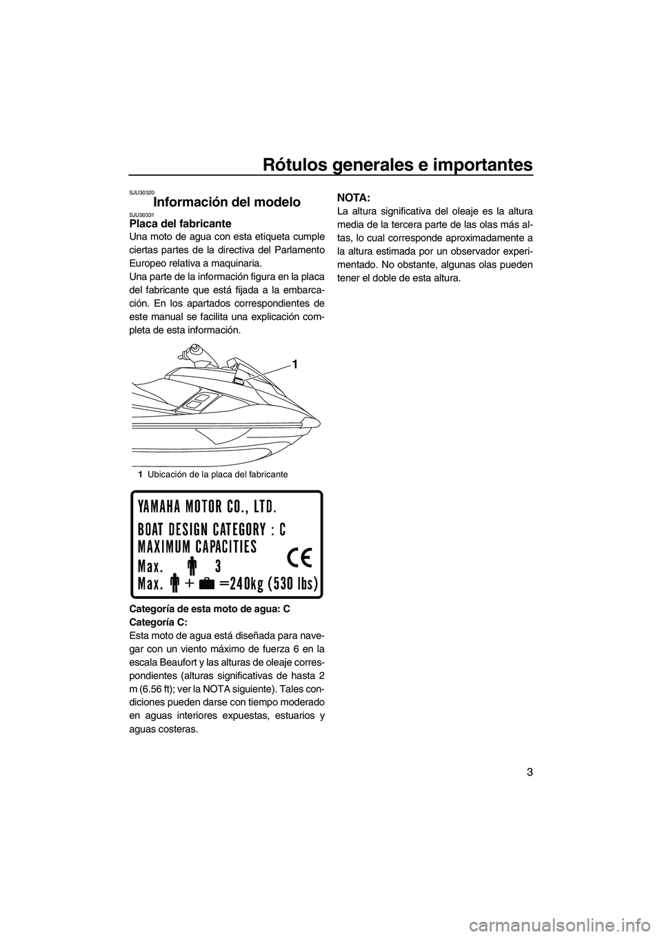 YAMAHA FX HO 2013  Manuale de Empleo (in Spanish) Rótulos generales e importantes
3
SJU30320
Información del modelo SJU30331Placa del fabricante 
Una moto de agua con esta etiqueta cumple
ciertas partes de la directiva del Parlamento
Europeo relati