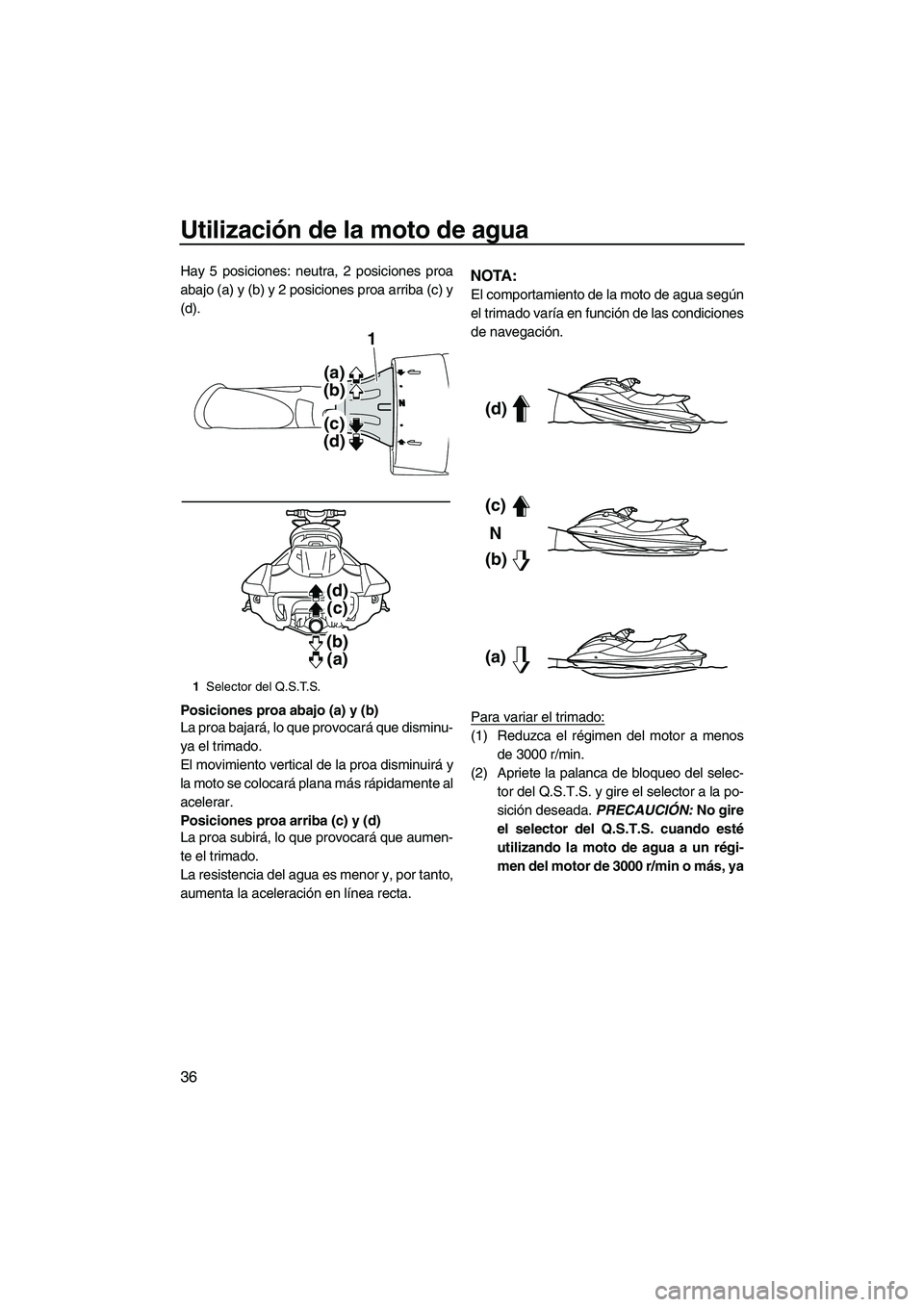 YAMAHA FX HO 2013  Manuale de Empleo (in Spanish) Utilización de la moto de agua
36
Hay 5 posiciones: neutra, 2 posiciones proa
abajo (a) y (b) y 2 posiciones proa arriba (c) y
(d).
Posiciones proa abajo (a) y (b)
La proa bajará, lo que provocará 