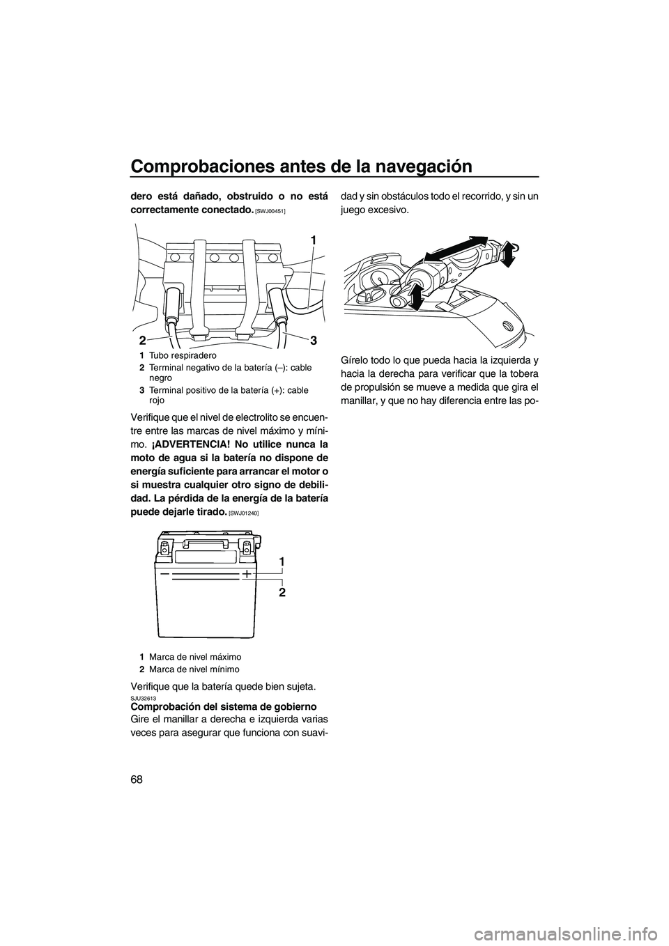 YAMAHA FX HO CRUISER 2013  Manuale de Empleo (in Spanish) Comprobaciones antes de la navegación
68
dero está dañado, obstruido o no está
correctamente conectado.
 [SWJ00451]
Verifique que el nivel de electrolito se encuen-
tre entre las marcas de nivel m