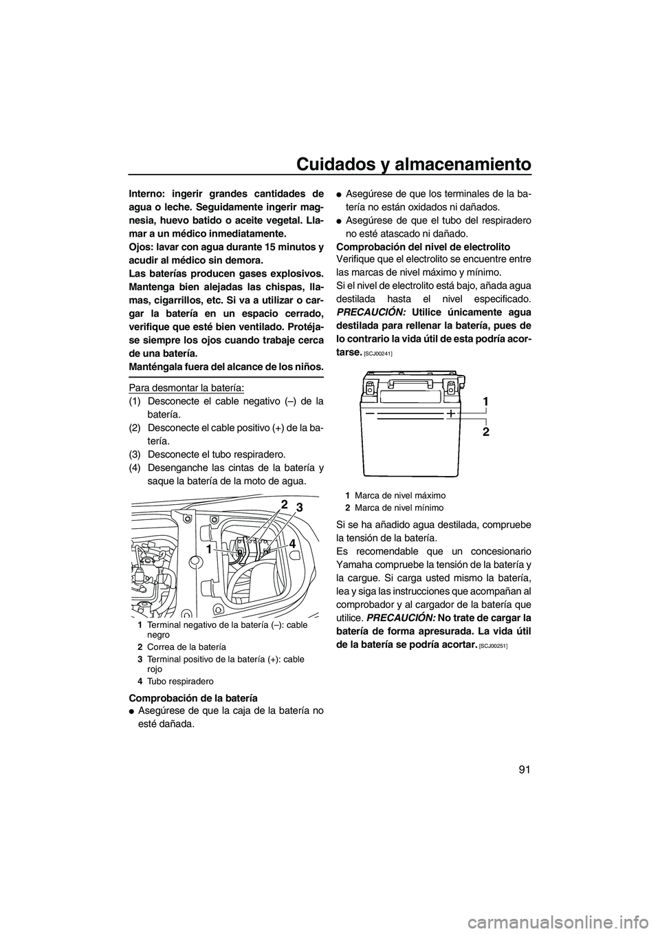 YAMAHA FX HO CRUISER 2013 Manuale de Empleo (in Spanish) Cuidados y almacenamiento
91
Interno: ingerir grandes cantidades de
agua o leche. Seguidamente ingerir mag-
nesia, huevo batido o aceite vegetal. Lla-
mar a un médico inmediatamente.
Ojos: lavar con YAMAHA FX HO CRUISER 2013 Manuale de Empleo (in Spanish) Cuidados y almacenamiento
91
Interno: ingerir grandes cantidades de
agua o leche. Seguidamente ingerir mag-
nesia, huevo batido o aceite vegetal. Lla-
mar a un médico inmediatamente.
Ojos: lavar con