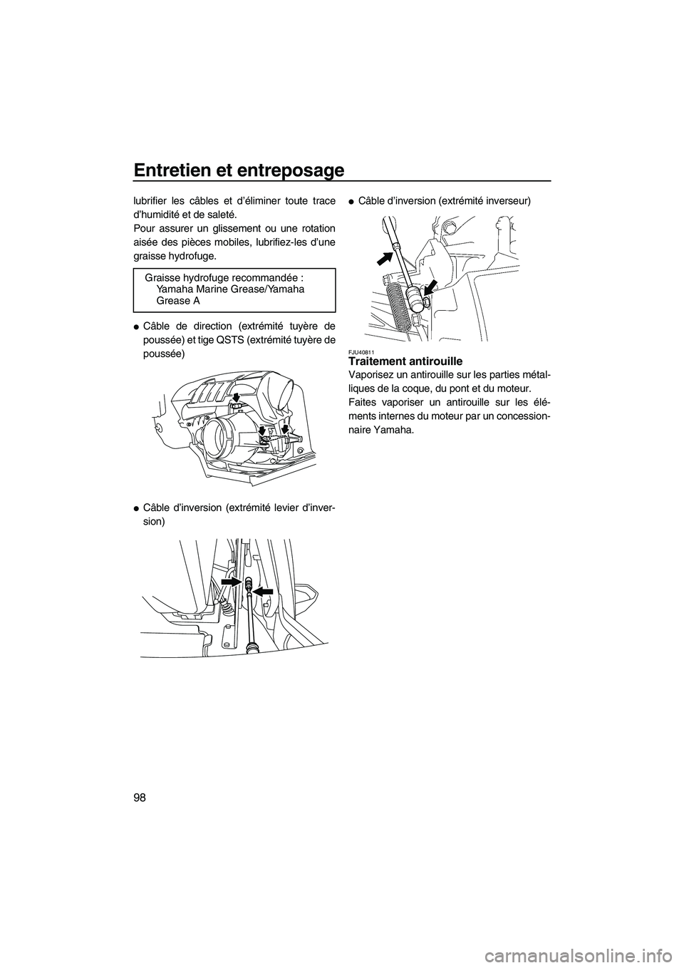 YAMAHA FX HO 2013 Notices Demploi (in French) Entretien et entreposage
98
lubrifier les câbles et d’éliminer toute trace
d’humidité et de saleté.
Pour assurer un glissement ou une rotation
aisée des pièces mobiles, lubrifiez-les d’une YAMAHA FX HO 2013 Notices Demploi (in French) Entretien et entreposage
98
lubrifier les câbles et d’éliminer toute trace
d’humidité et de saleté.
Pour assurer un glissement ou une rotation
aisée des pièces mobiles, lubrifiez-les d’une