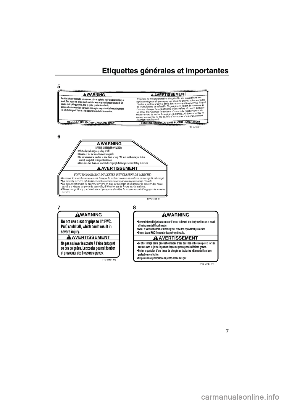 YAMAHA FX HO 2013  Notices Demploi (in French) Etiquettes générales et importantes
7
UF2S71F0.book  Page 7  Monday, August 6, 2012  3:13 PM 