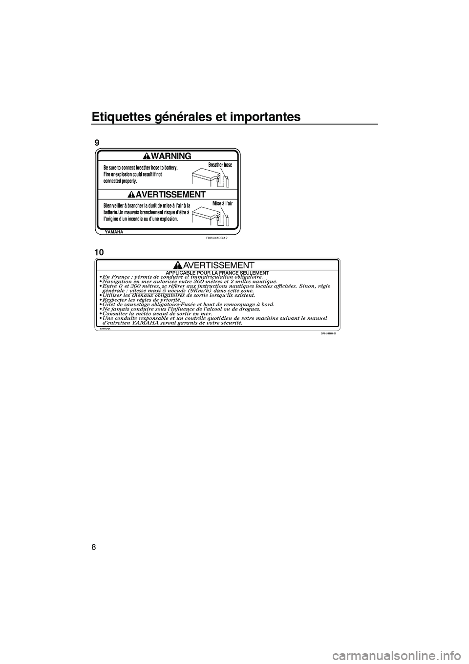 YAMAHA FX HO 2013  Notices Demploi (in French) Etiquettes générales et importantes
8
UF2S71F0.book  Page 8  Monday, August 6, 2012  3:13 PM 