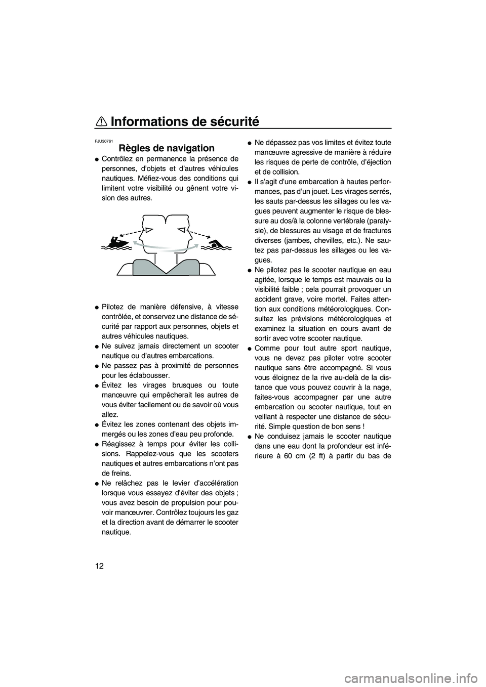 YAMAHA FX HO 2013  Notices Demploi (in French) Informations de sécurité
12
FJU30761
Règles de navigation 
●Contrôlez en permanence la présence de
personnes, d’objets et d’autres véhicules
nautiques. Méfiez-vous des conditions qui
limi