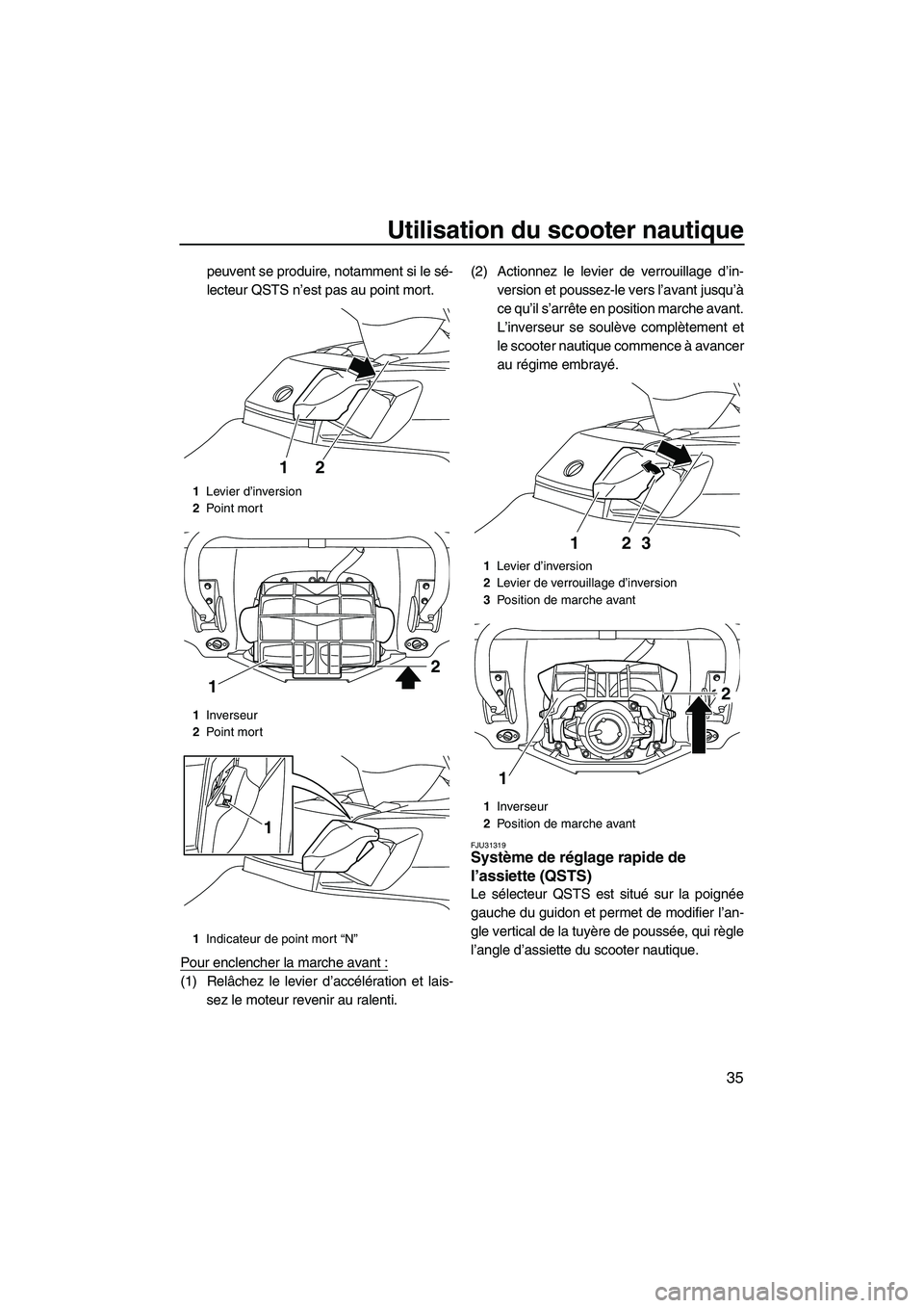 YAMAHA FX HO 2013  Notices Demploi (in French) Utilisation du scooter nautique
35
peuvent se produire, notamment si le sé-
lecteur QSTS n’est pas au point mort.
Pour enclencher la marche avant :
(1) Relâchez le levier d’accélération et lai