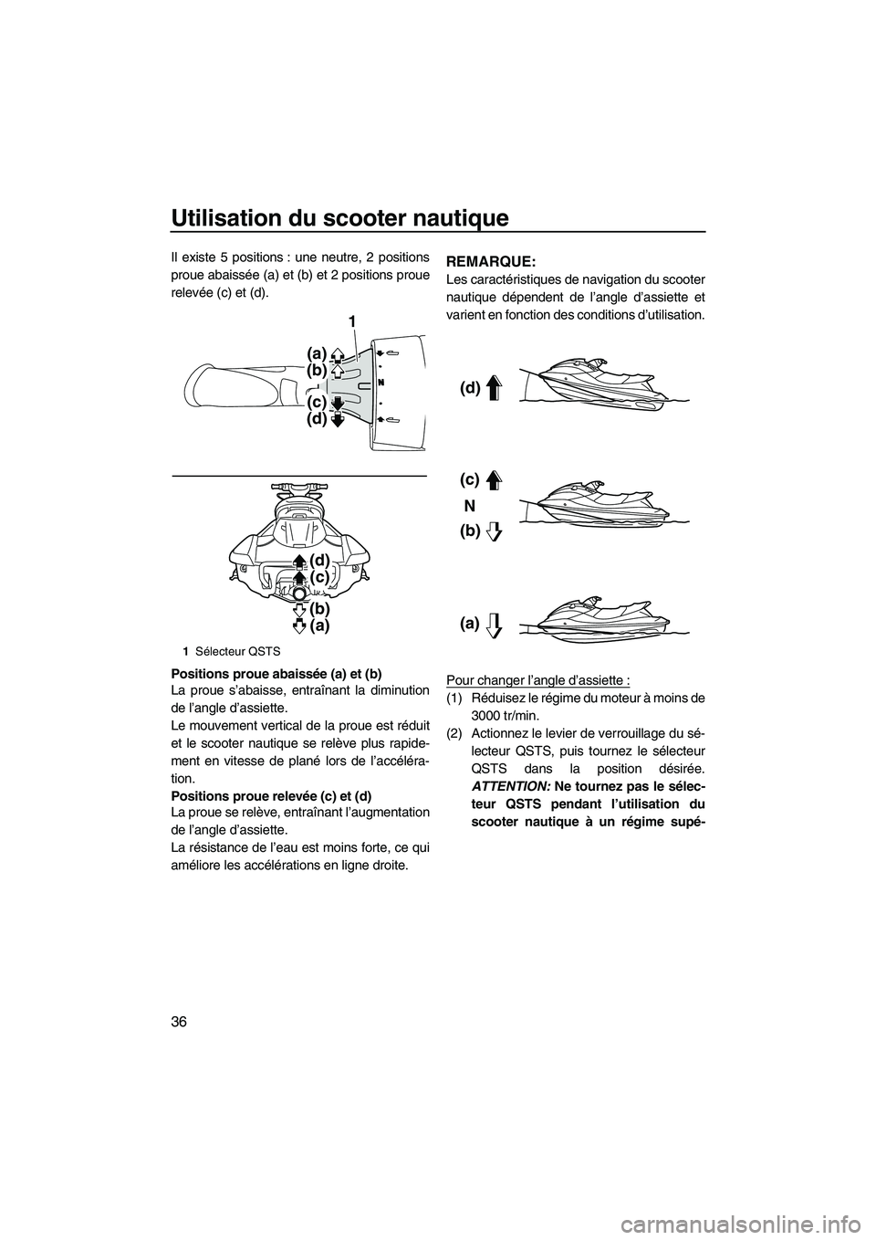 YAMAHA FX HO 2013  Notices Demploi (in French) Utilisation du scooter nautique
36
Il existe 5 positions : une neutre, 2 positions
proue abaissée (a) et (b) et 2 positions proue
relevée (c) et (d).
Positions proue abaissée (a) et (b)
La proue s