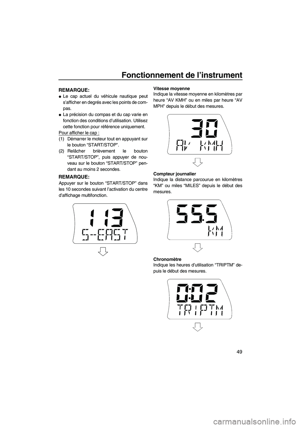 YAMAHA FX HO 2013 Notices Demploi (in French) Fonctionnement de l’instrument
49
REMARQUE:
●Le cap actuel du véhicule nautique peut
s’afficher en degrés avec les points de com-
pas.
●La précision du compas et du cap varie en
fonction de YAMAHA FX HO 2013 Notices Demploi (in French) Fonctionnement de l’instrument
49
REMARQUE:
●Le cap actuel du véhicule nautique peut
s’afficher en degrés avec les points de com-
pas.
●La précision du compas et du cap varie en
fonction de