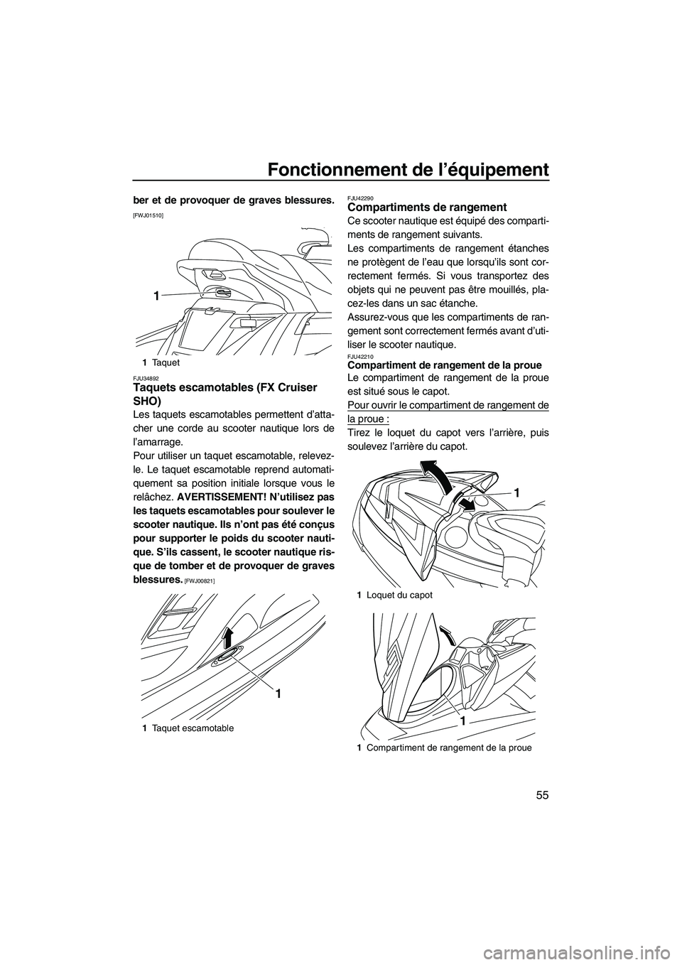 YAMAHA FX HO 2013  Notices Demploi (in French) Fonctionnement de l’équipement
55
ber et de provoquer de graves blessures.
[FWJ01510]
FJU34892
Taquets escamotables (FX Cruiser 
SHO) 
Les taquets escamotables permettent d’atta-
cher une corde a