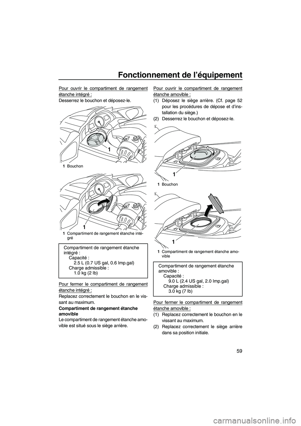 YAMAHA FX HO 2013  Notices Demploi (in French) Fonctionnement de l’équipement
59
Pour ouvrir le compartiment de rangement
étanche intégré :
Desserrez le bouchon et déposez-le.
Pour fermer le compartiment de rangement
étanche intégré :
Re