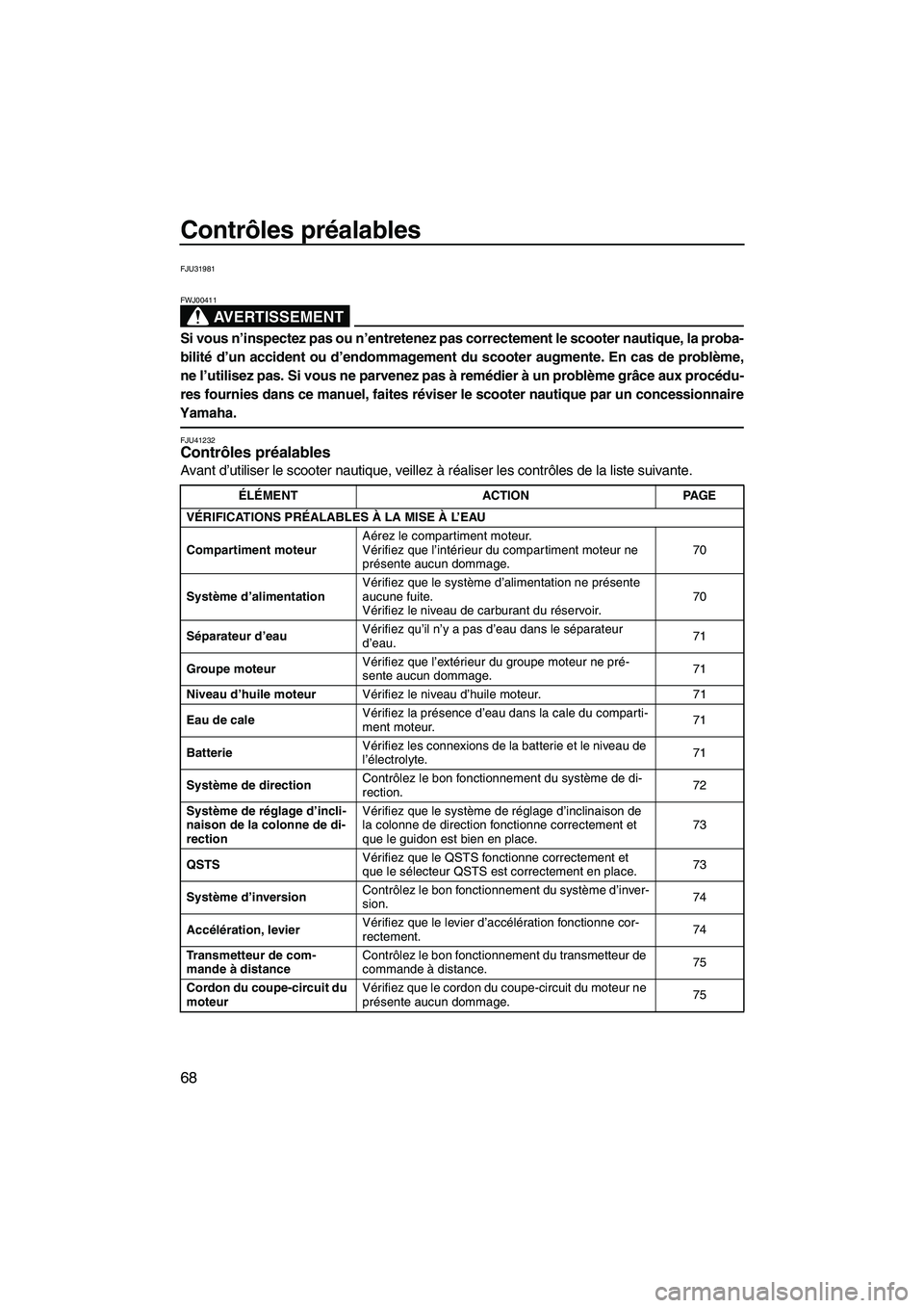 YAMAHA FX HO 2013 Notices Demploi (in French) Contrôles préalables
68
FJU31981
AVERTISSEMENT
FWJ00411
Si vous n’inspectez pas ou n’entretenez pas correctement le scooter nautique, la proba-
bilité d’un accident ou d’endommagement du sc YAMAHA FX HO 2013 Notices Demploi (in French) Contrôles préalables
68
FJU31981
AVERTISSEMENT
FWJ00411
Si vous n’inspectez pas ou n’entretenez pas correctement le scooter nautique, la proba-
bilité d’un accident ou d’endommagement du sc